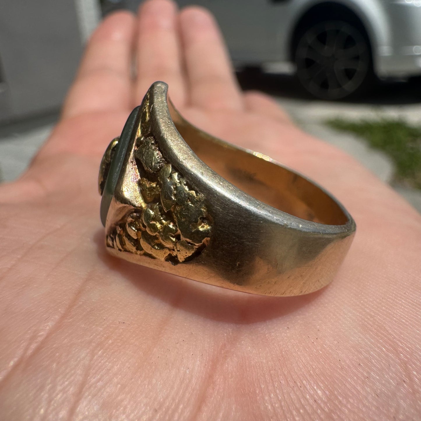 1930’s Art Deco Solid 10k Yellow Gold Nephrite Jade Natural Raw Gold Nugget Inlaid Signet Ring (11)