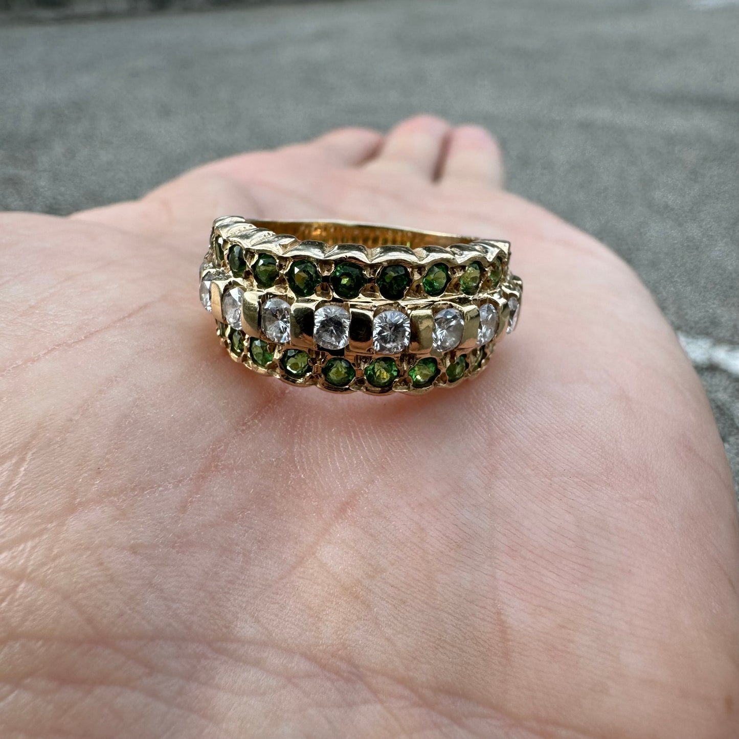 Vintage Handmade Solid 14k Yellow Gold 1.0Ctw Natural Diamond/1.25Ctw Tsavorite Garnet Ring (7.5)
