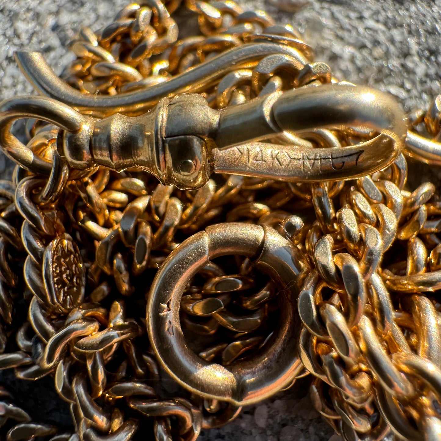 1922 Solid 14k Buttery Yellow Gold Sliding Double Albert Curb Link Watch Chain Necklace (22.25”)