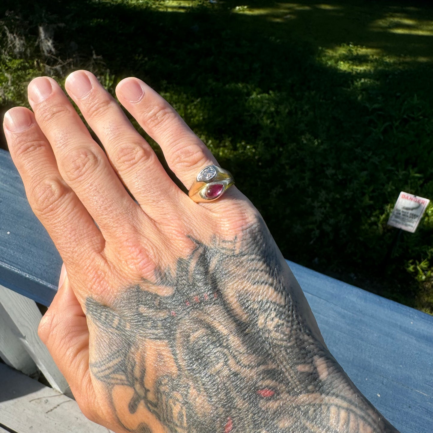 Vintage 14k Yellow Gold Tony Soprano Natural Diamond & Rhodolite Garnet Pinky Ring (7.5)