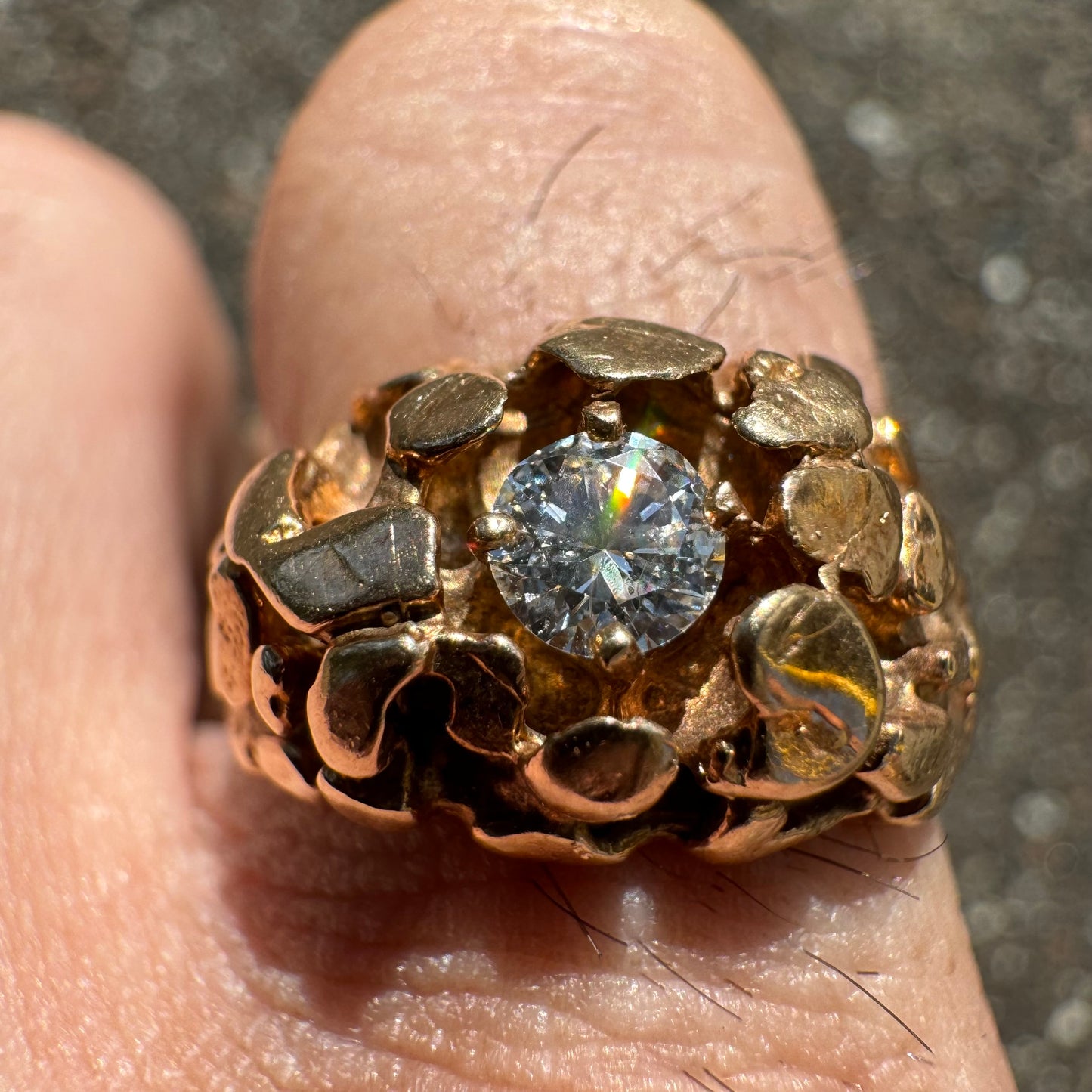 1970’s Solid 14k Yellow Gold .25ct Natural Diamond Brutalist Nugget Gypsy Ring (8)