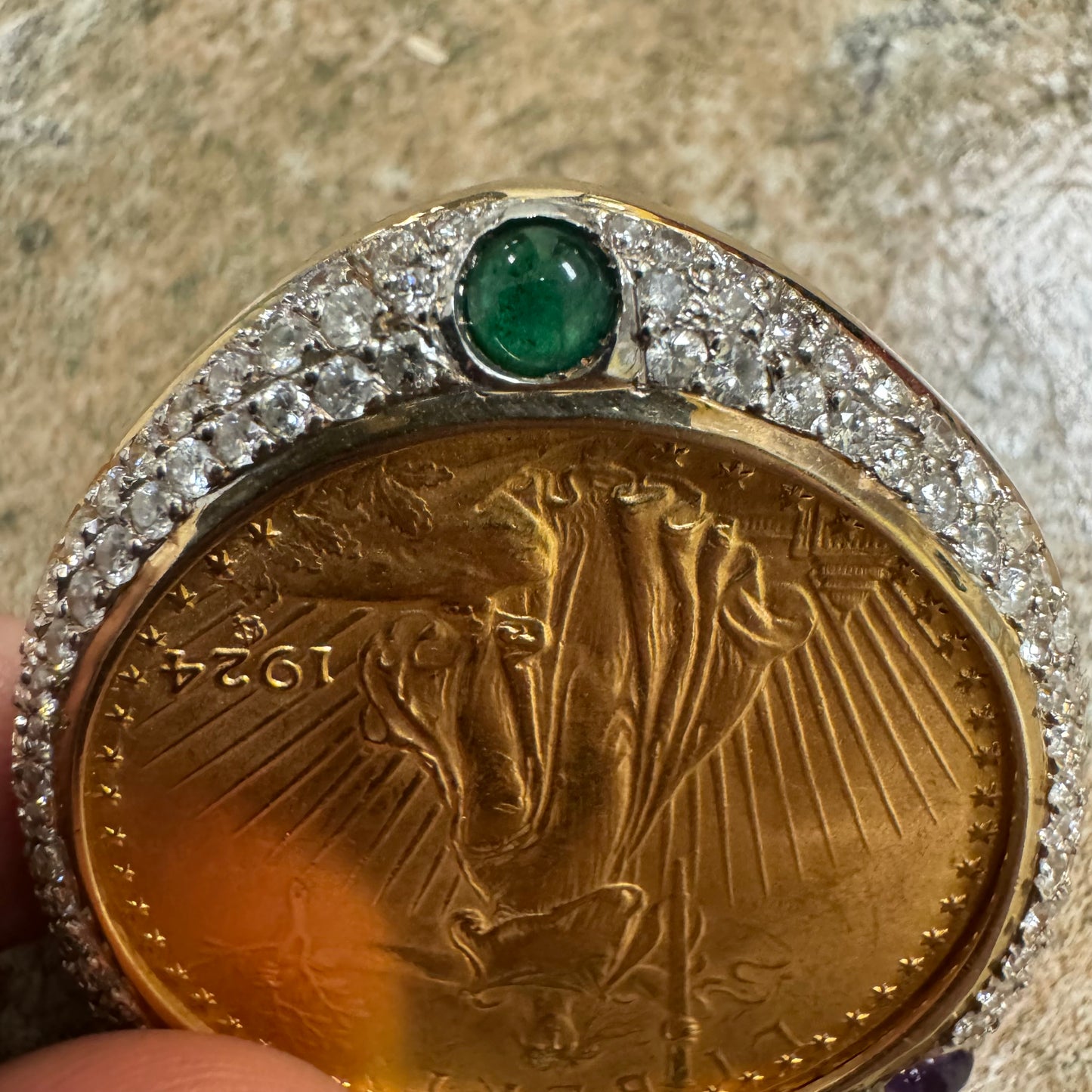 1924 St. Gaudens $20 Double Eagle 1oz Gold Coin Natural Diamond, Emerald, And Amethyst Encrusted Pendant