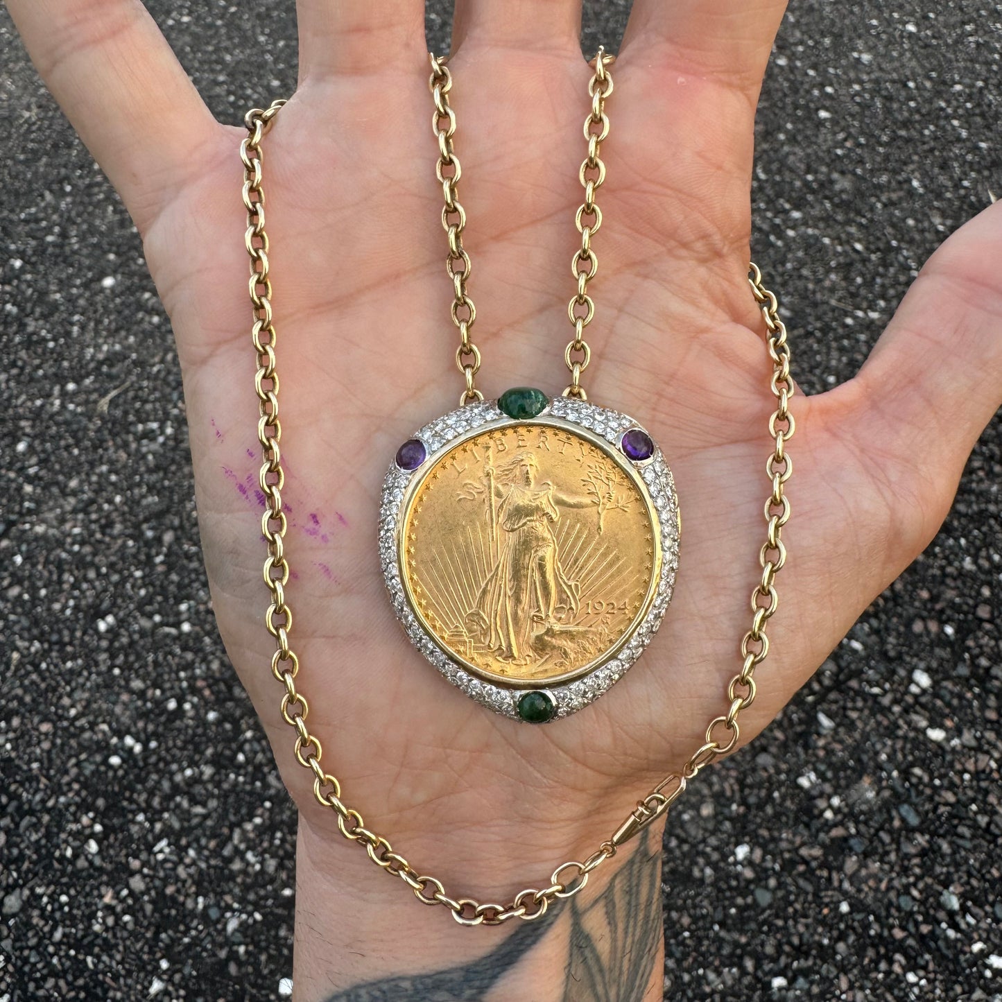 1924 St. Gaudens $20 Double Eagle 1oz Gold Coin Natural Diamond, Emerald, And Amethyst Encrusted Pendant