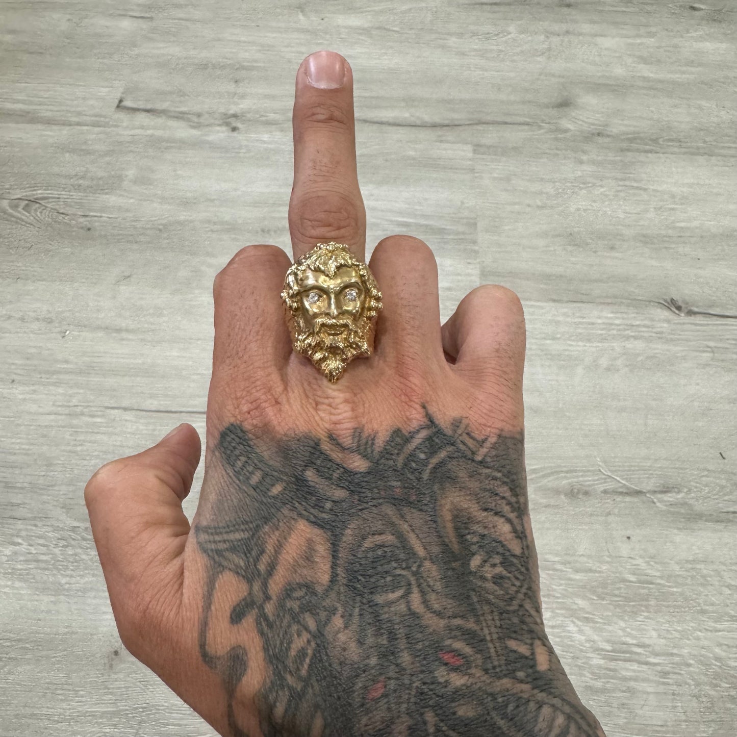 Vintage Custom Made Solid 14k Yellow Gold Natural VS Diamond Heavyweight Dionysus Greek God Ring (11)