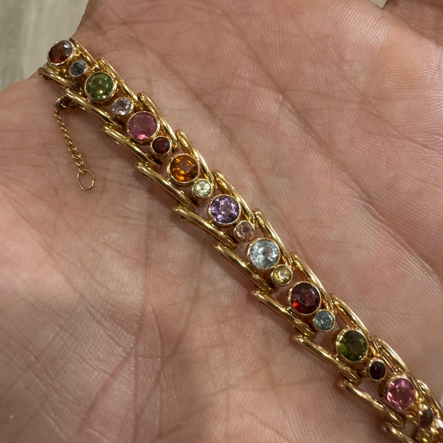 Vintage Solid 18k Gold 7.0ctw Bezel Set Natural Multi Precious Gemstone Bracelet (7.25”)
