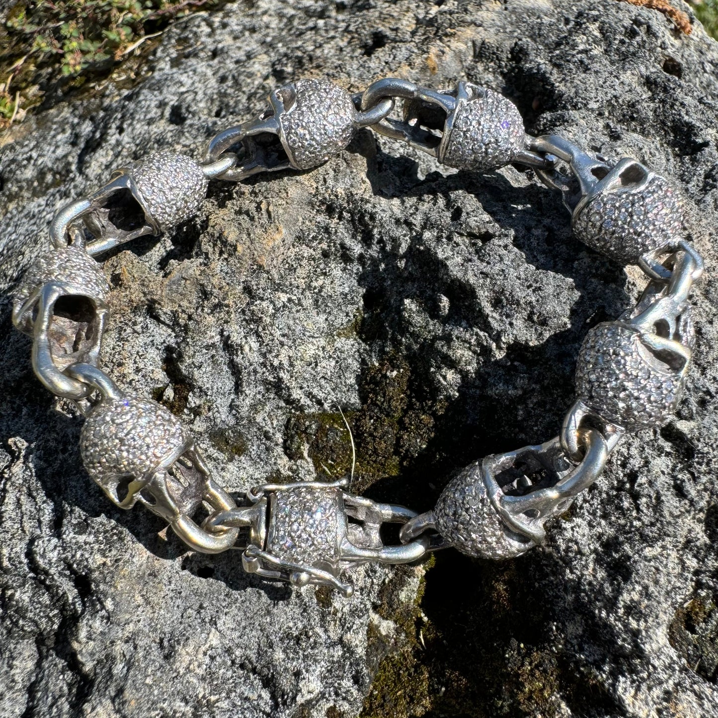 Vintage Solid 18k White Gold 21 CTW Natural Diamond Custom Skull Bracelet (7.25”)