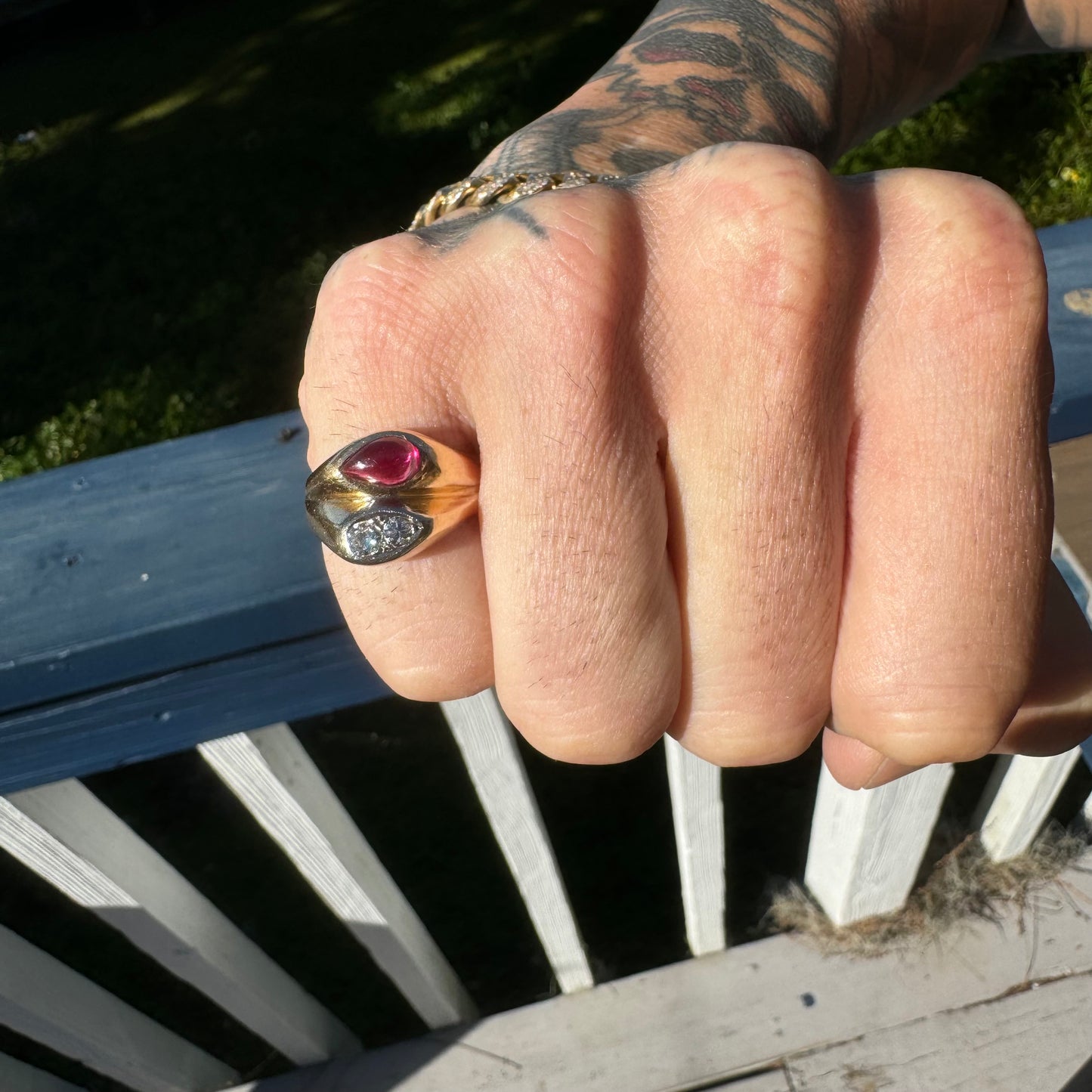 Vintage 14k Yellow Gold Tony Soprano Natural Diamond & Rhodolite Garnet Pinky Ring (7.5)