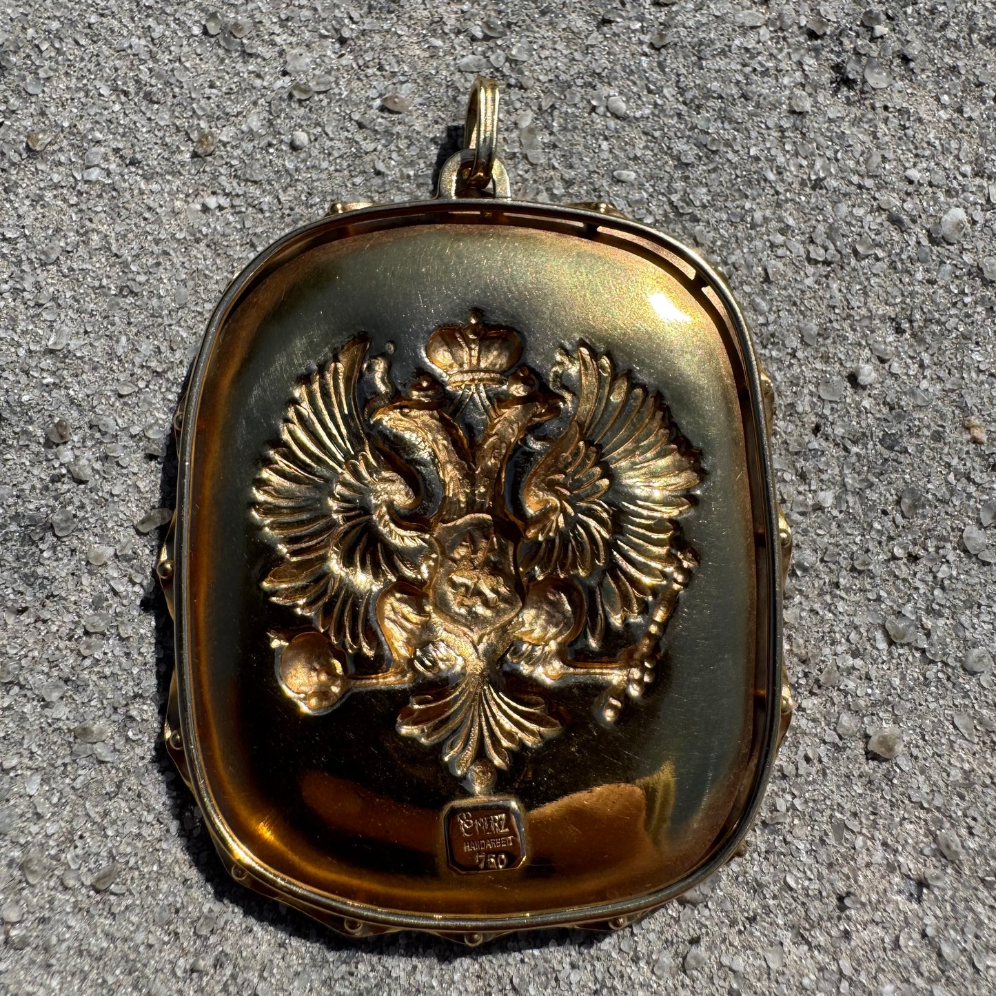 Vintage Designer Handmade Solid 18k Yellow Gold Large Russian Coat of Arms Imperial Double Eagle REPOUSSÉ Pendant