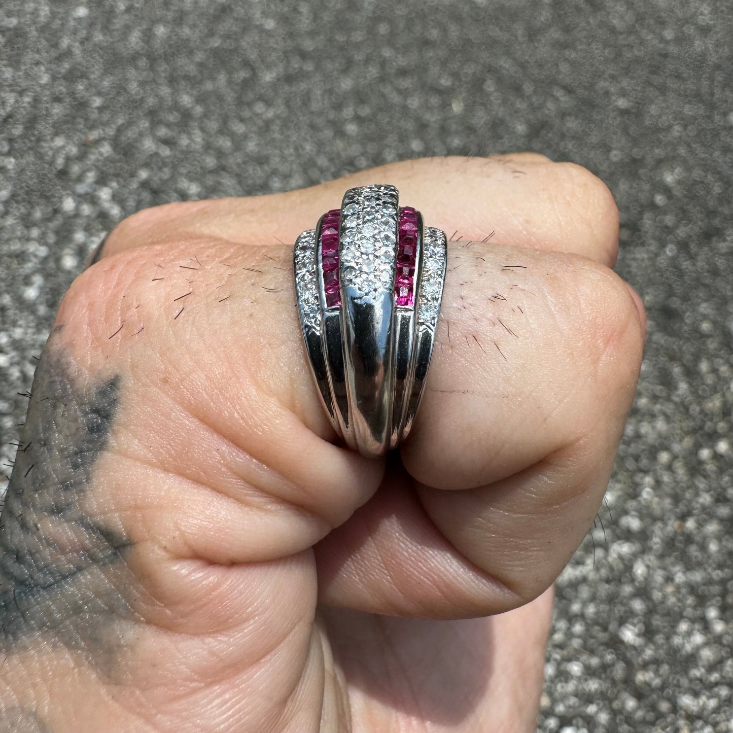 1940’s Retro Era Handcrafted 18k White Gold .73ctw Natural VS Quality Diamond And Princess Cut Ruby Flooded Step Up Ring (5.75)