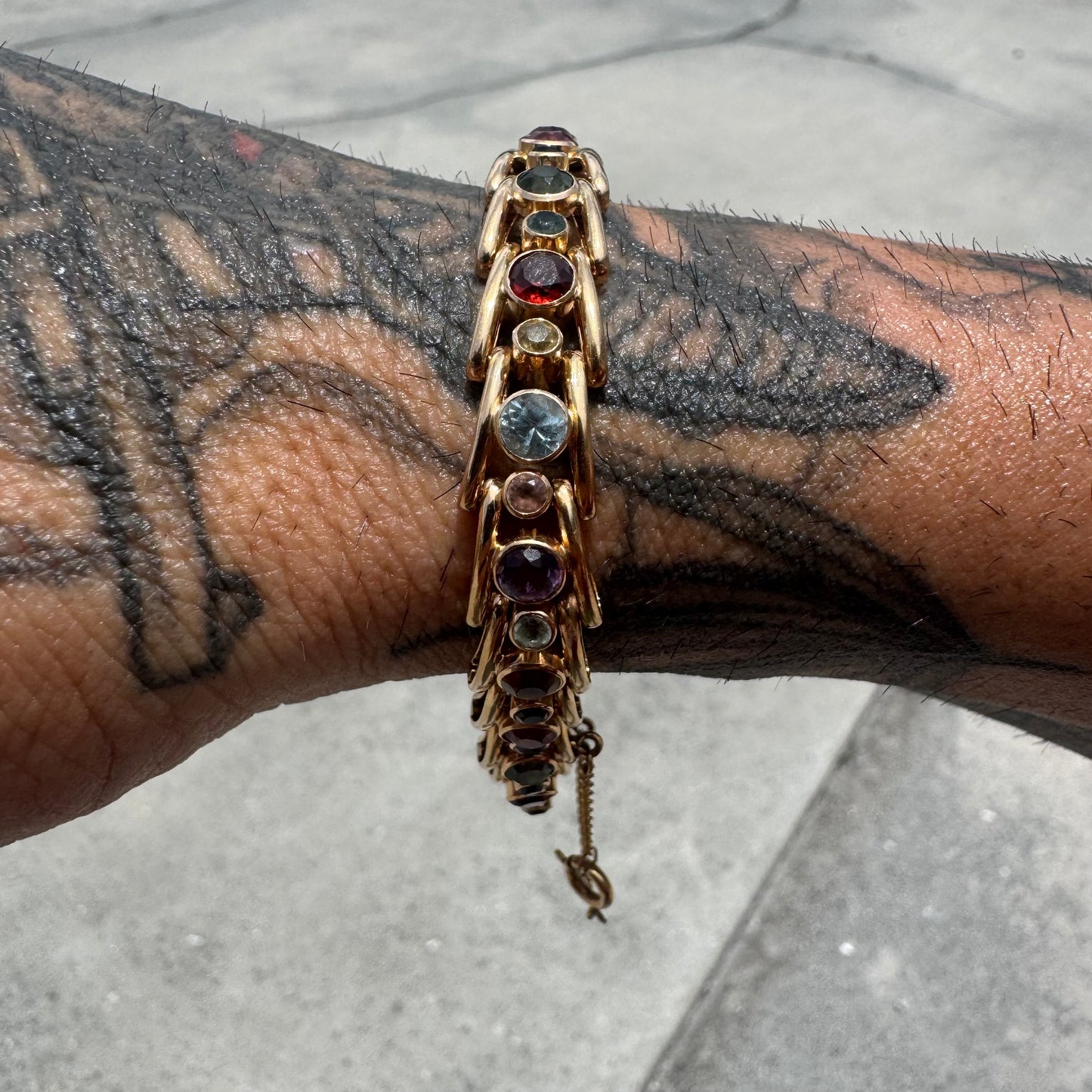 Vintage Solid 18k Gold 7.0ctw Bezel Set Natural Multi Precious Gemstone Bracelet (7.25”)