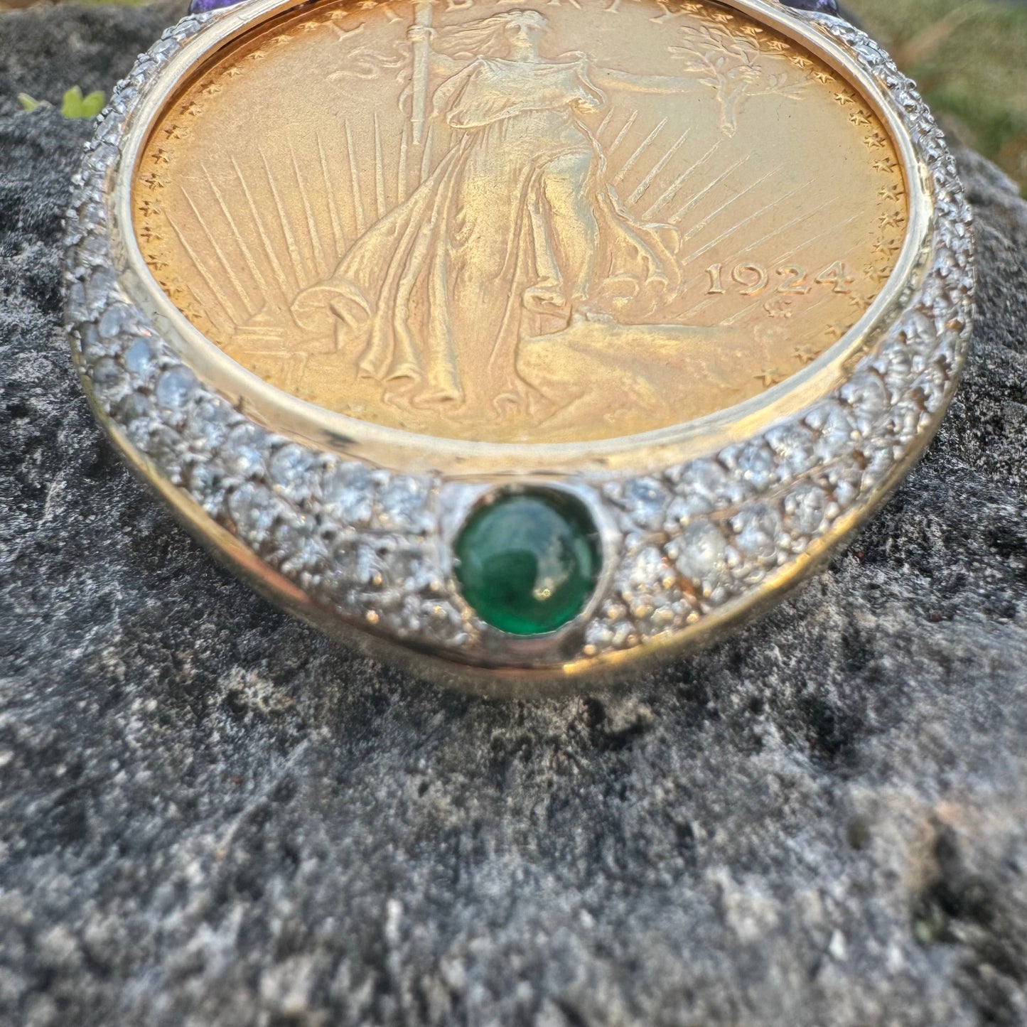 1924 St. Gaudens $20 Double Eagle 1oz Gold Coin Natural Diamond, Emerald, And Amethyst Encrusted Pendant