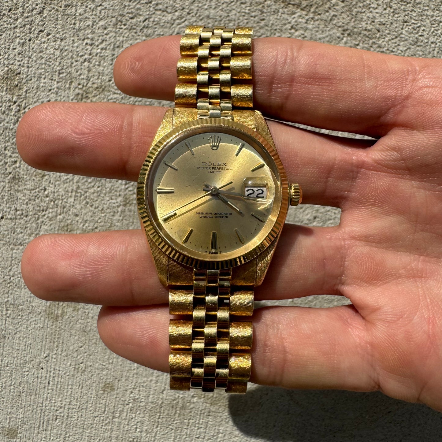 1966 Rolex Oyster Perpetual Date Ref. 1503 Florentine Finish 14k Gold (7.5”/34mm)