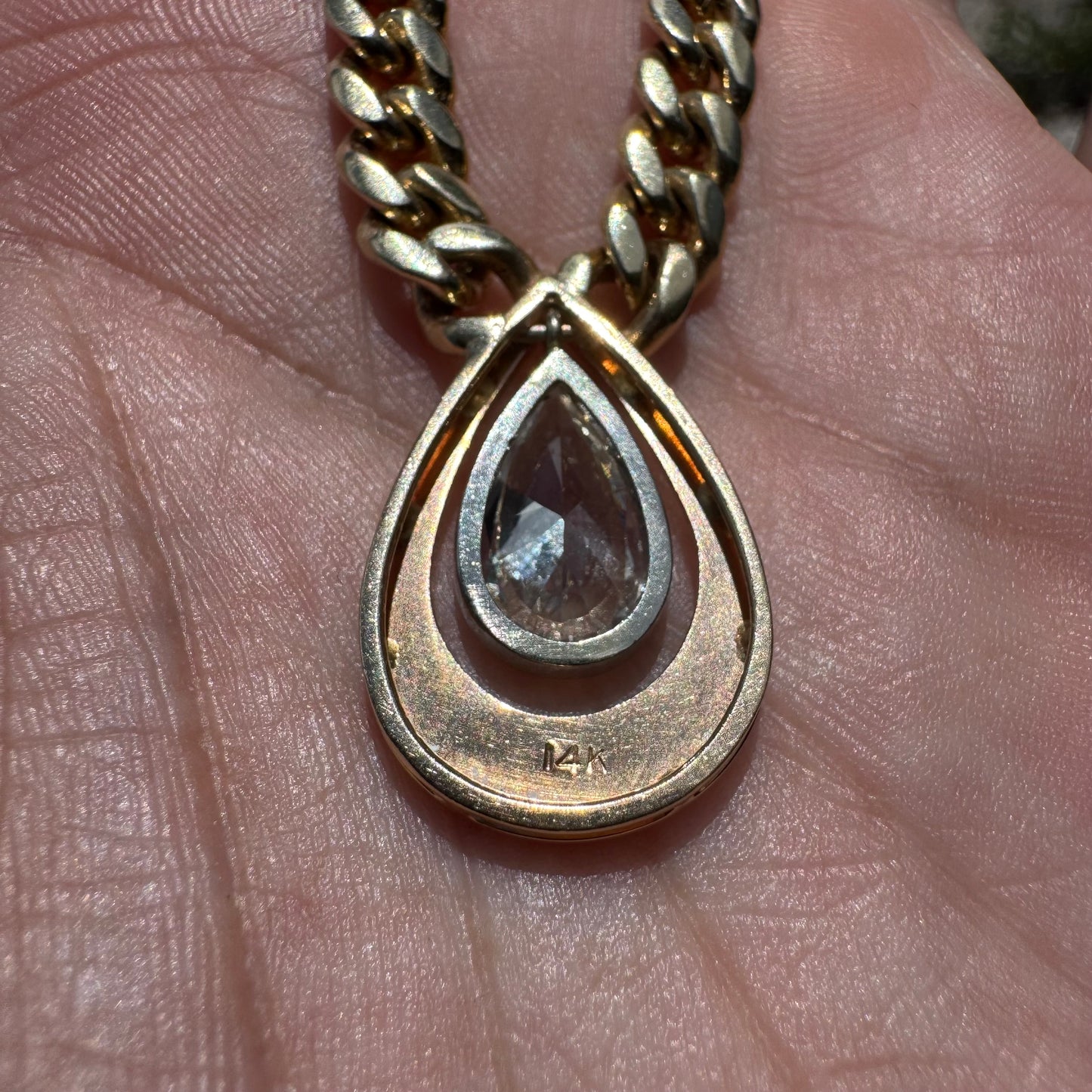 Vintage 1.78ct Natural Pear Cut Diamond Solitaire Solid 14k Yellow Gold Heavyweight Cuban Link Necklace (16”)