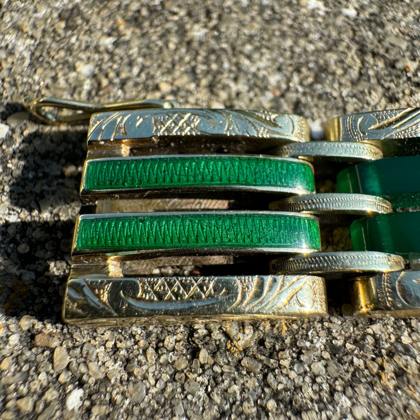 Art Deco Austro-Hungarian 14k Yellow Gold Chrysoprase Glass Enameled Floral Engraved Bracelet (7”)