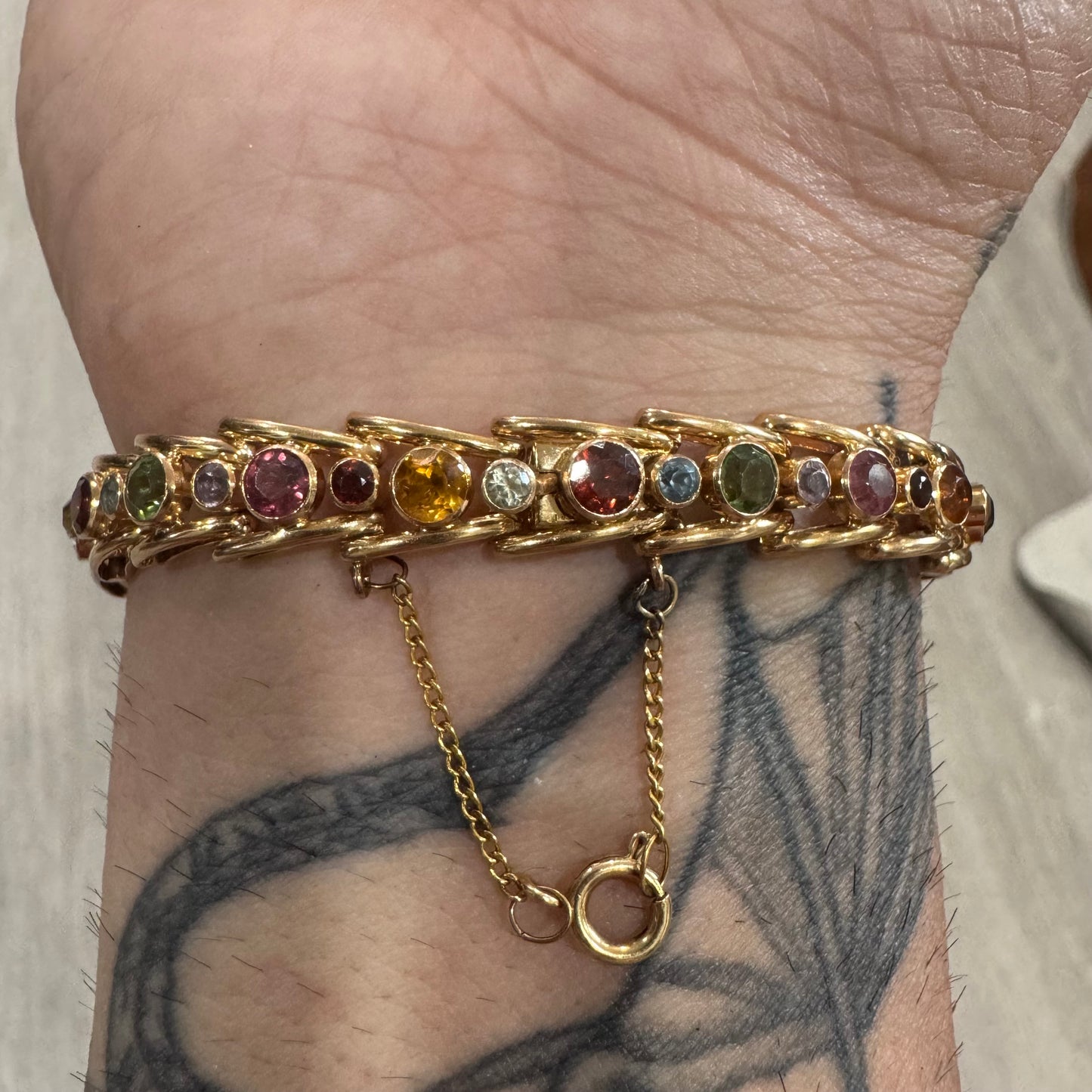 Vintage Solid 18k Gold 7.0ctw Bezel Set Natural Multi Precious Gemstone Bracelet (7.25”)
