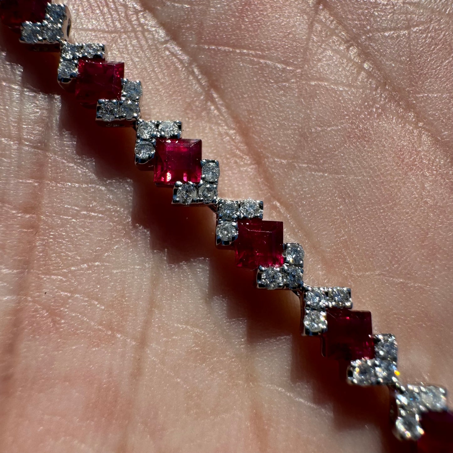 Brand New 14k White Gold 4.8ctw Natural Pigeon Blood Burmese Ruby And 1.5ctw Natural VS Diamond Bracelet (7.25”)