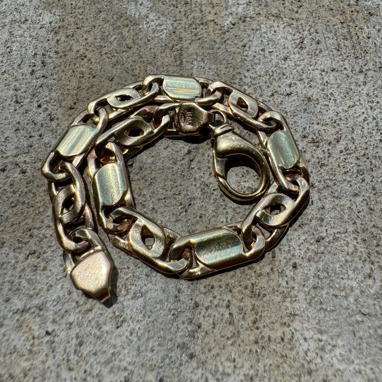 Vintage Solid 14k Italian Gold Tigers Eye Mariner Link Heavy Duty Bracelet (8.75”)