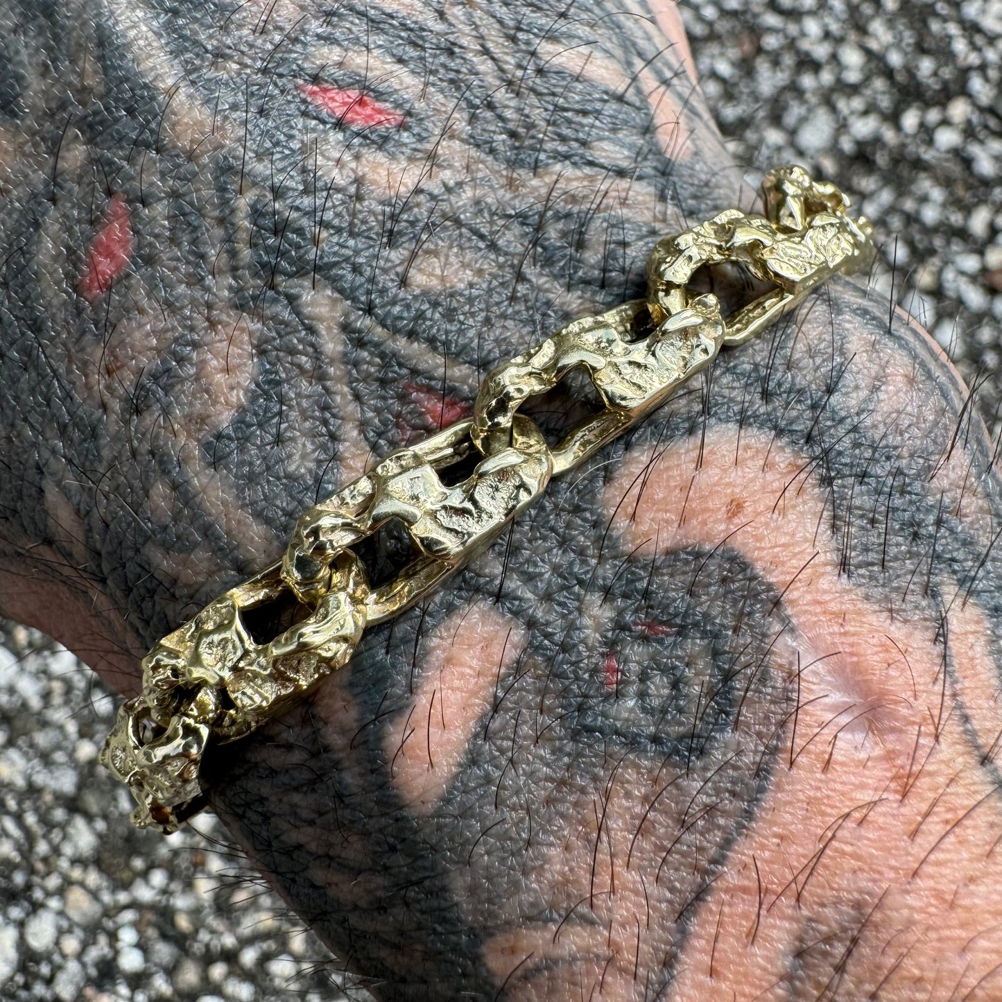 Vintage Solid 14k Yellow Gold Heavyweight Nugget Mariner Link Bracelet (9”)