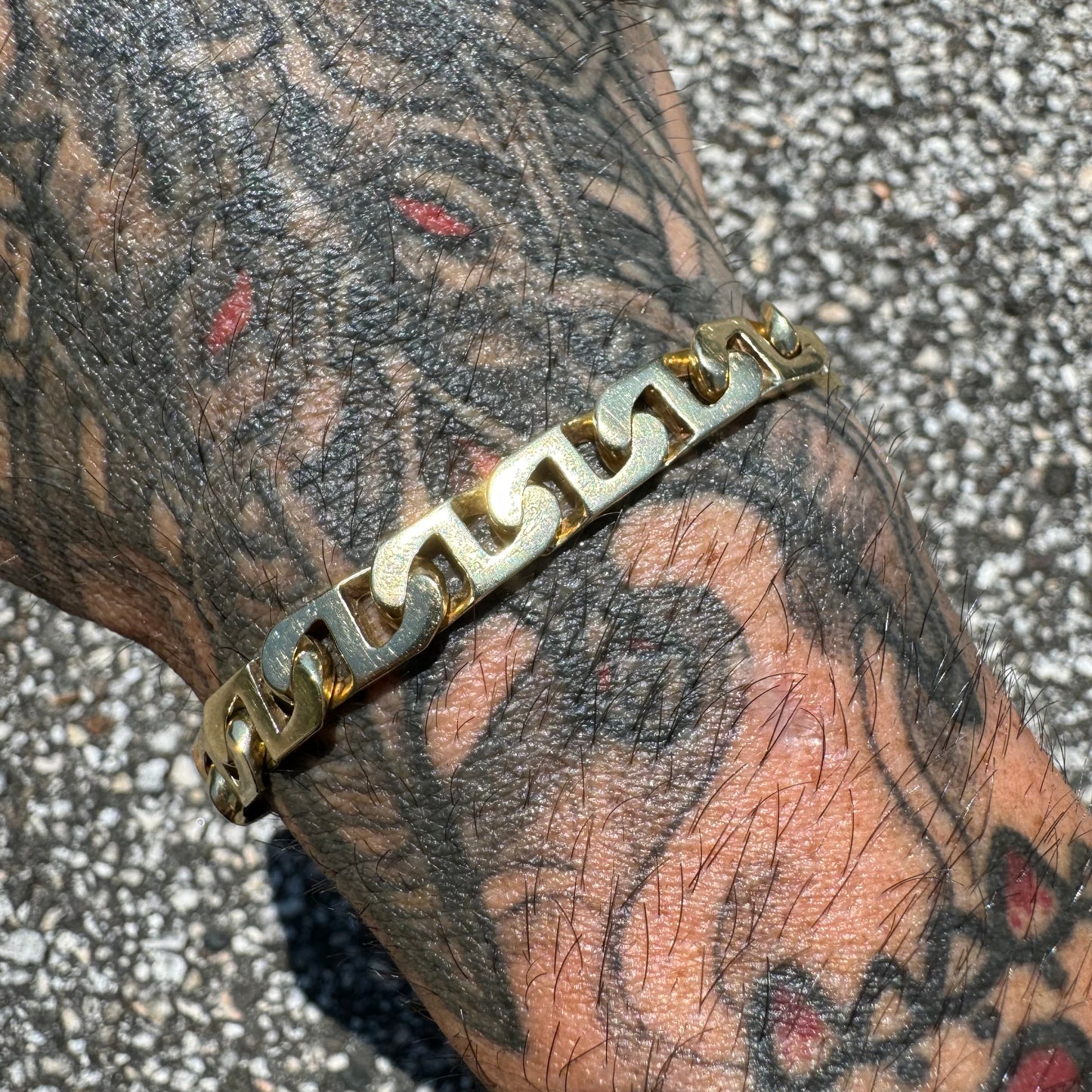 Vintage Solid 14k Yellow Gold Heavyweight Chunky Blocked Mariner Link Bracelet (7.5”)