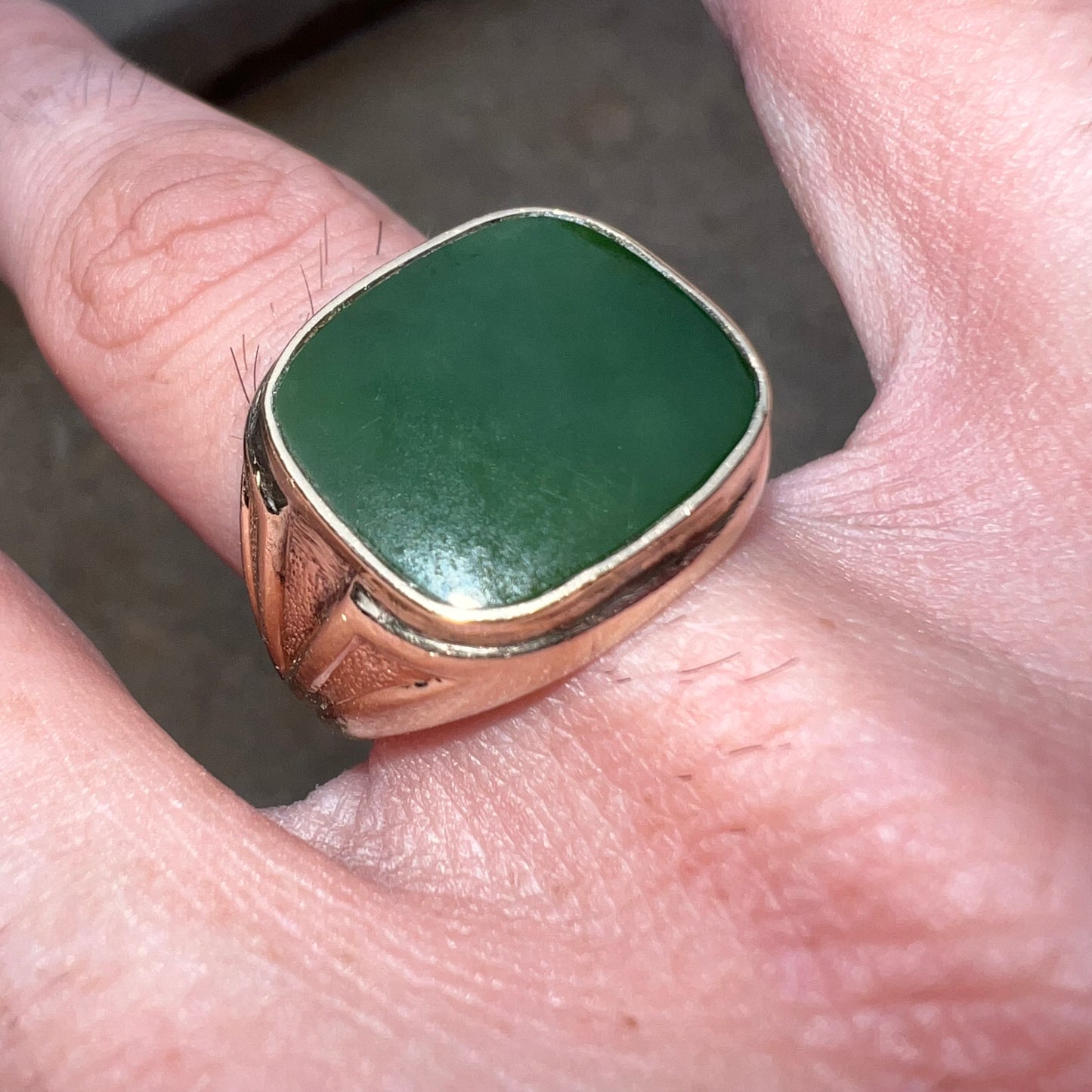 1930’s 10k Yellow Gold Spinach Jade Comfort Fit Signet Ring (8)
