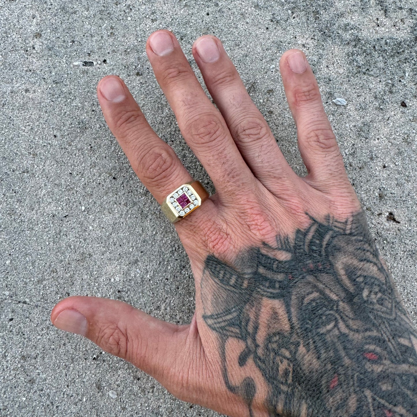 Vintage Custom Made 14k Yellow Gold .60ctw Natural Diamond And .40ctw Ruby Signet Ring (10.75)