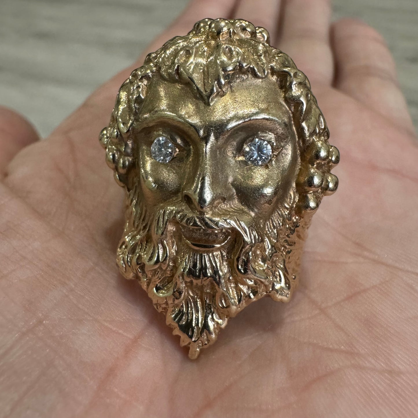 Vintage Custom Made Solid 14k Yellow Gold Natural VS Diamond Heavyweight Dionysus Greek God Ring (11)