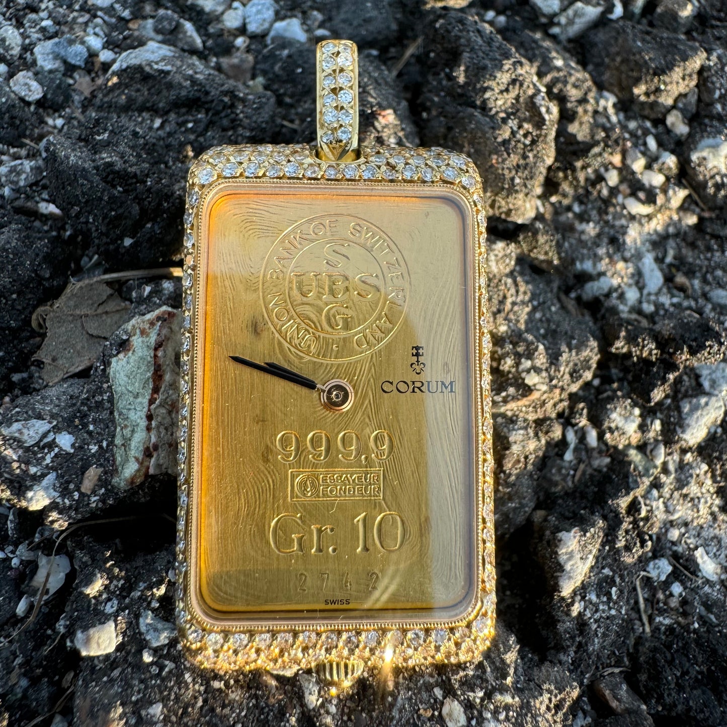 Rare 1980’s Corum UBS 10 Gram Pure 999.9 Gold Ingot Bar Diamond Watch Pendant