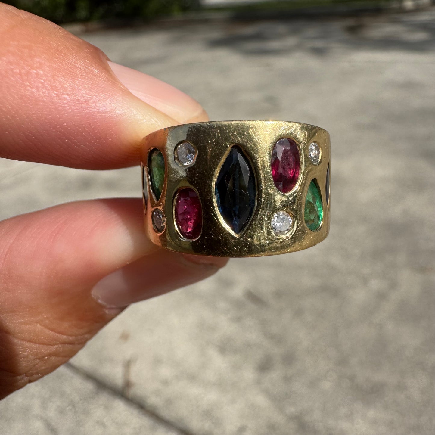 Custom Solid 18k Yellow Gold 2.35ctw Flush Set Natural Sapphire, Ruby, Emerald, And Diamond Tapered Cigar Band (7)