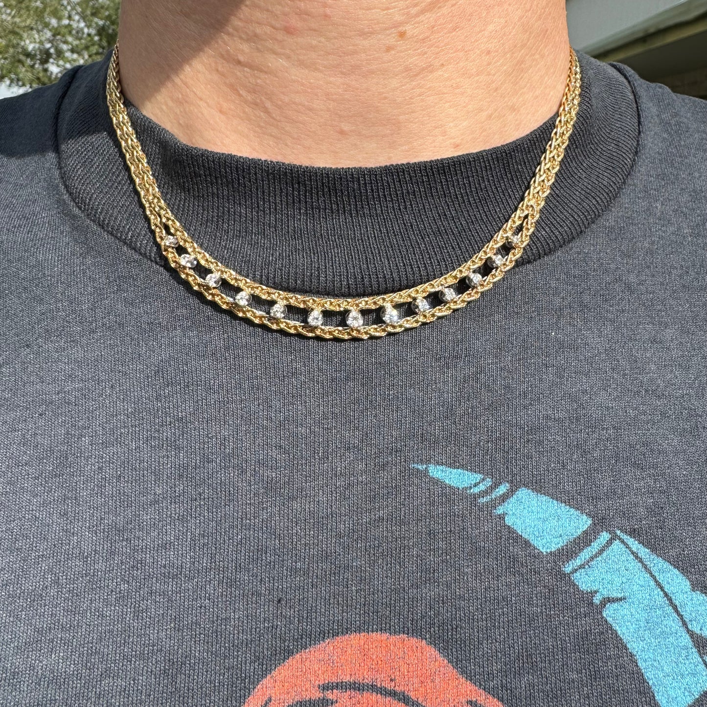 Vintage Solid 14k Italian Yellow Gold Floating 1.1CTW VS Quality Natural Diamond Double Row Braided Foxtail Necklace (17”)
