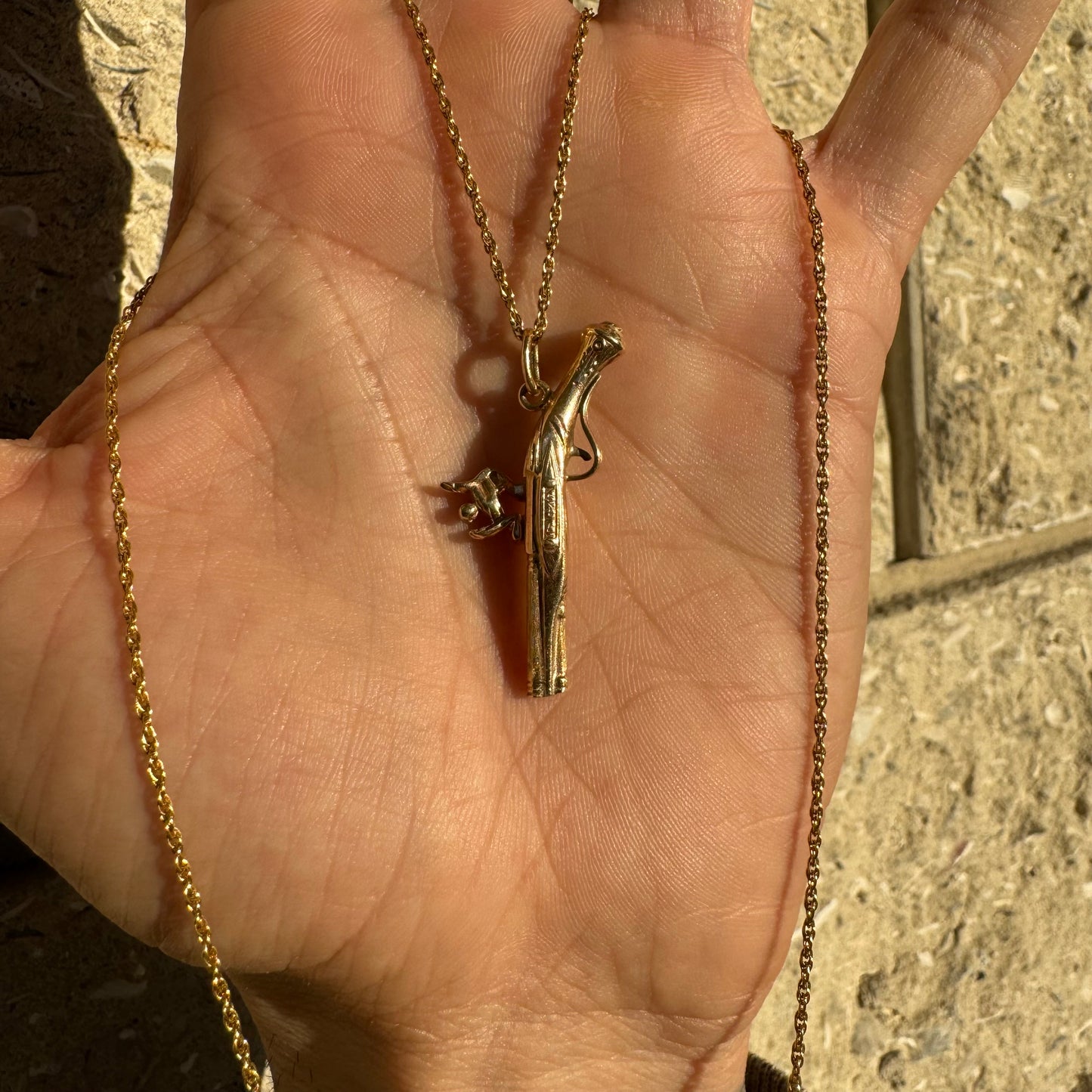 Early 1900’s Solid 10k Yellow Gold Flintlock Pistol Pendant