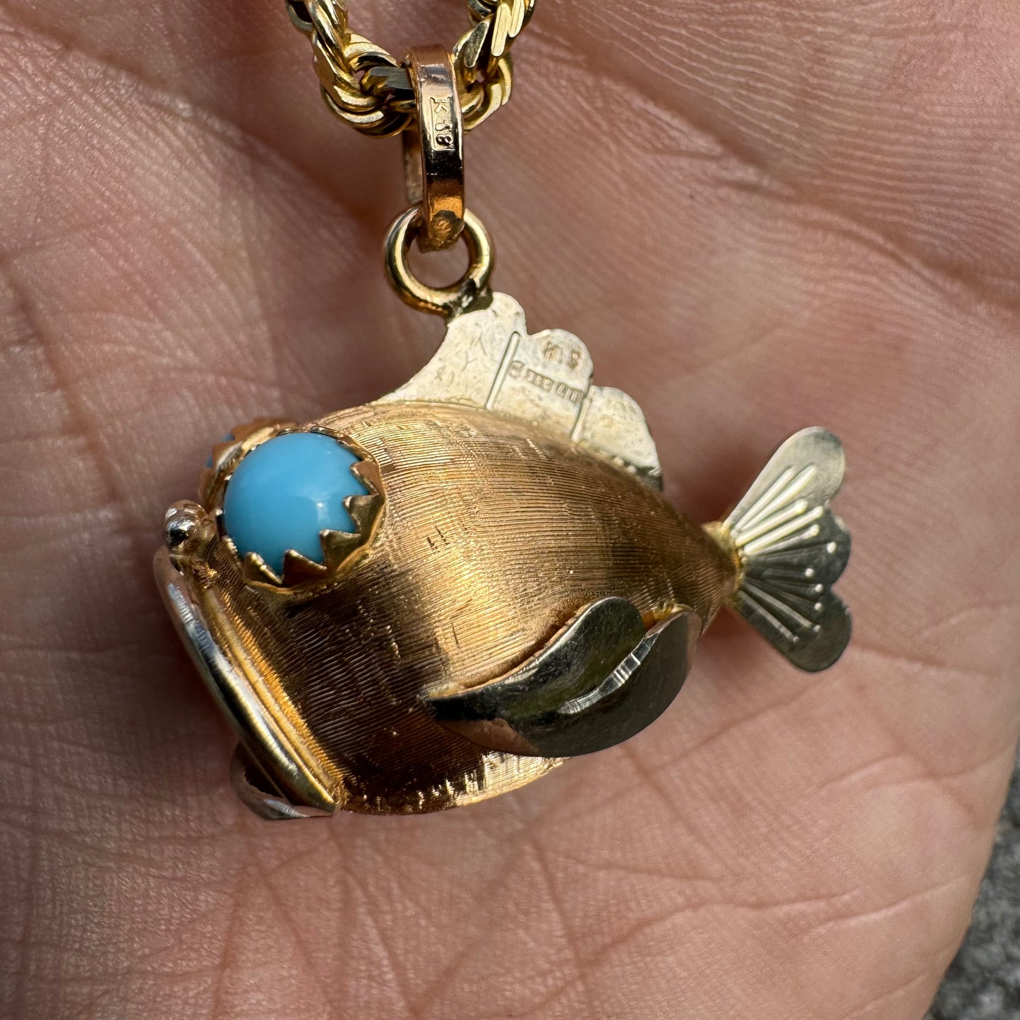 Pre-1975 Imported British Hallmarked 18k Yellow Gold Persian Turquoise Fish Pendant