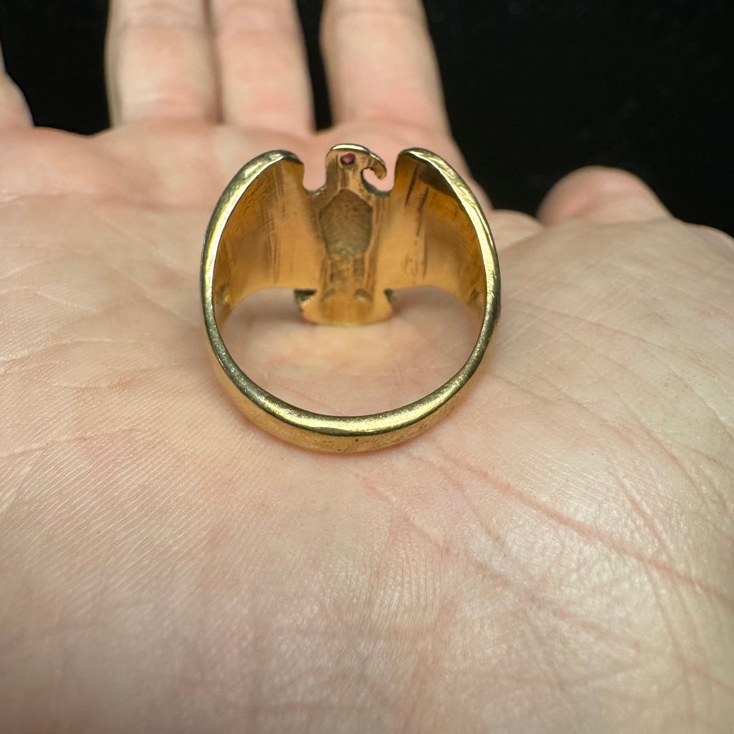 1970’s Solid 14k Yellow Gold Ruby Encrusted Old Americana Eagle Ring (11)