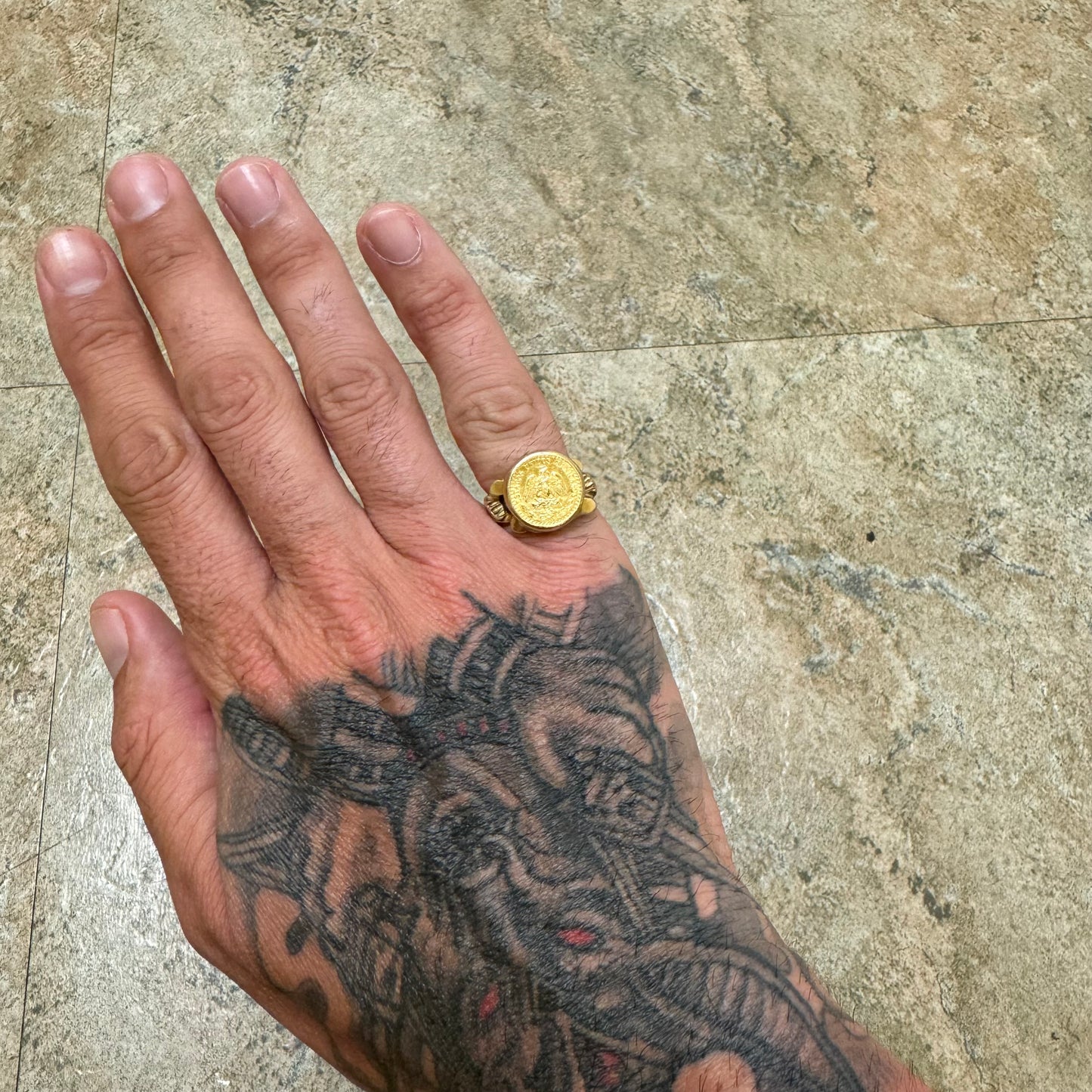 1945 22k Gold Mexican Dos Pesos 14k Yellow Gold Brutalist Nugget Coin Ring (6.5)