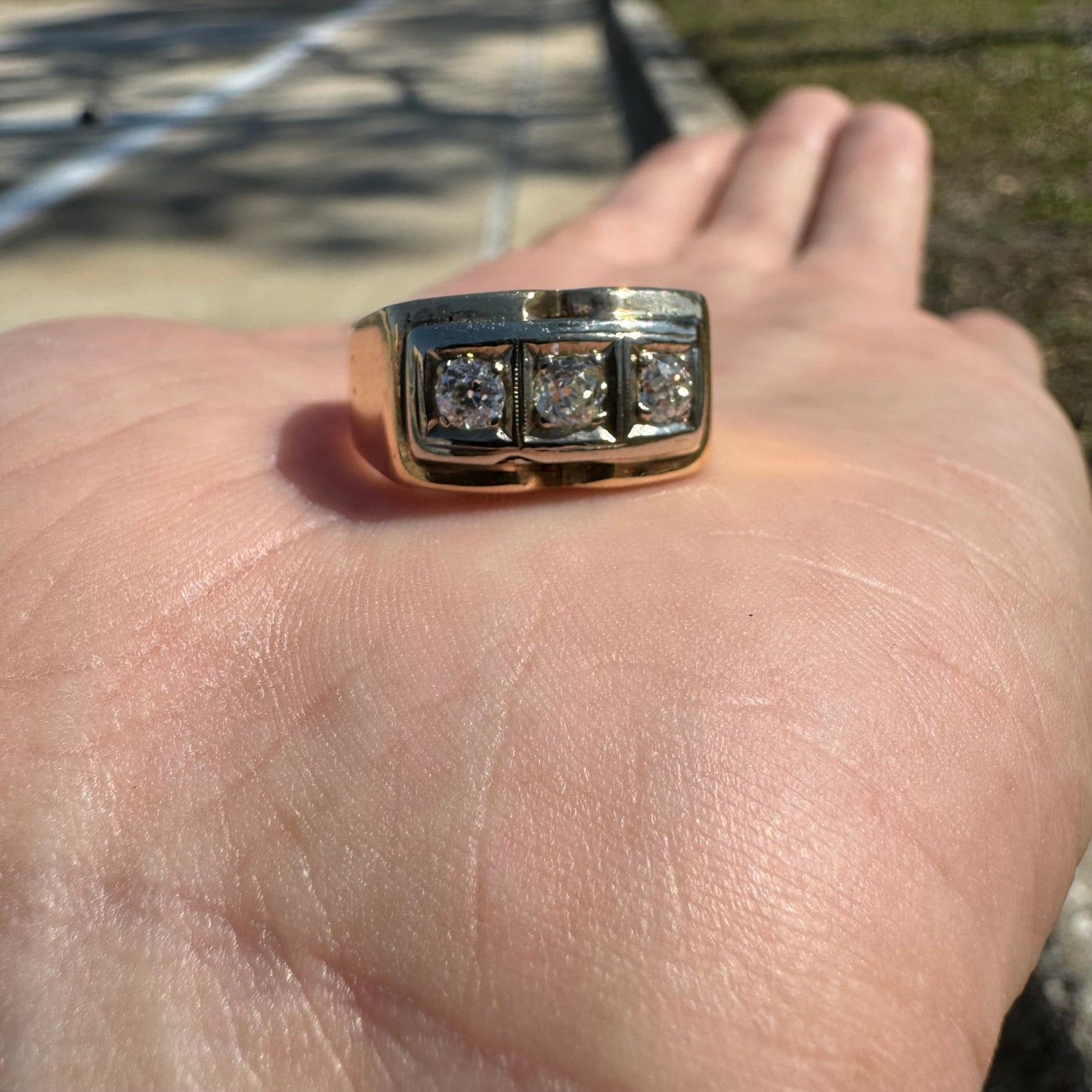 1930’s Art Deco 14k .50CTW Natural VS Quality Euro Cut Diamond Trio Gents Ring (10)