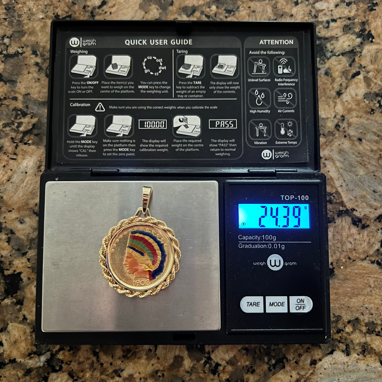 1908 “No Motto” $10 Indian Head Glass Enameled Coin Pendant