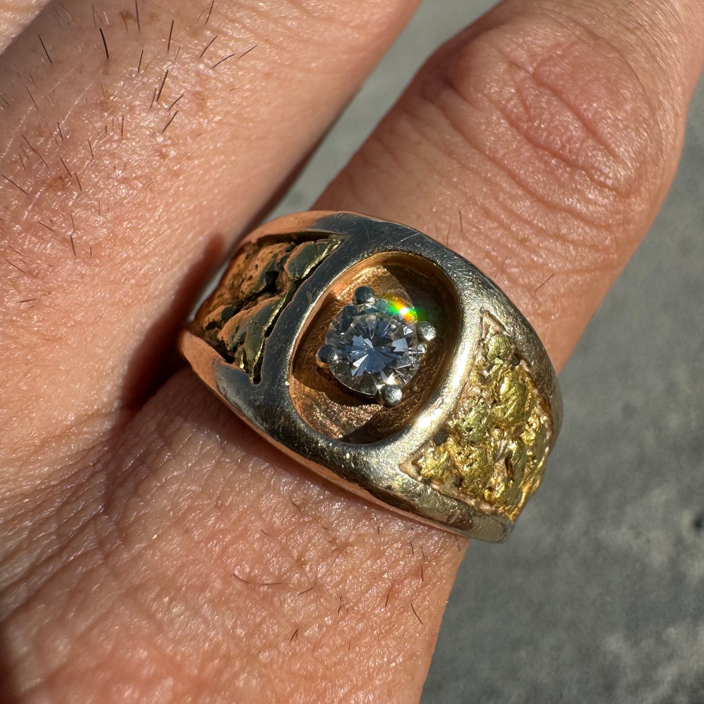 Vintage 14k Yellow Gold Raw 24k Nugget Inlaid .50Ct Natural Diamond Ring (11.5)