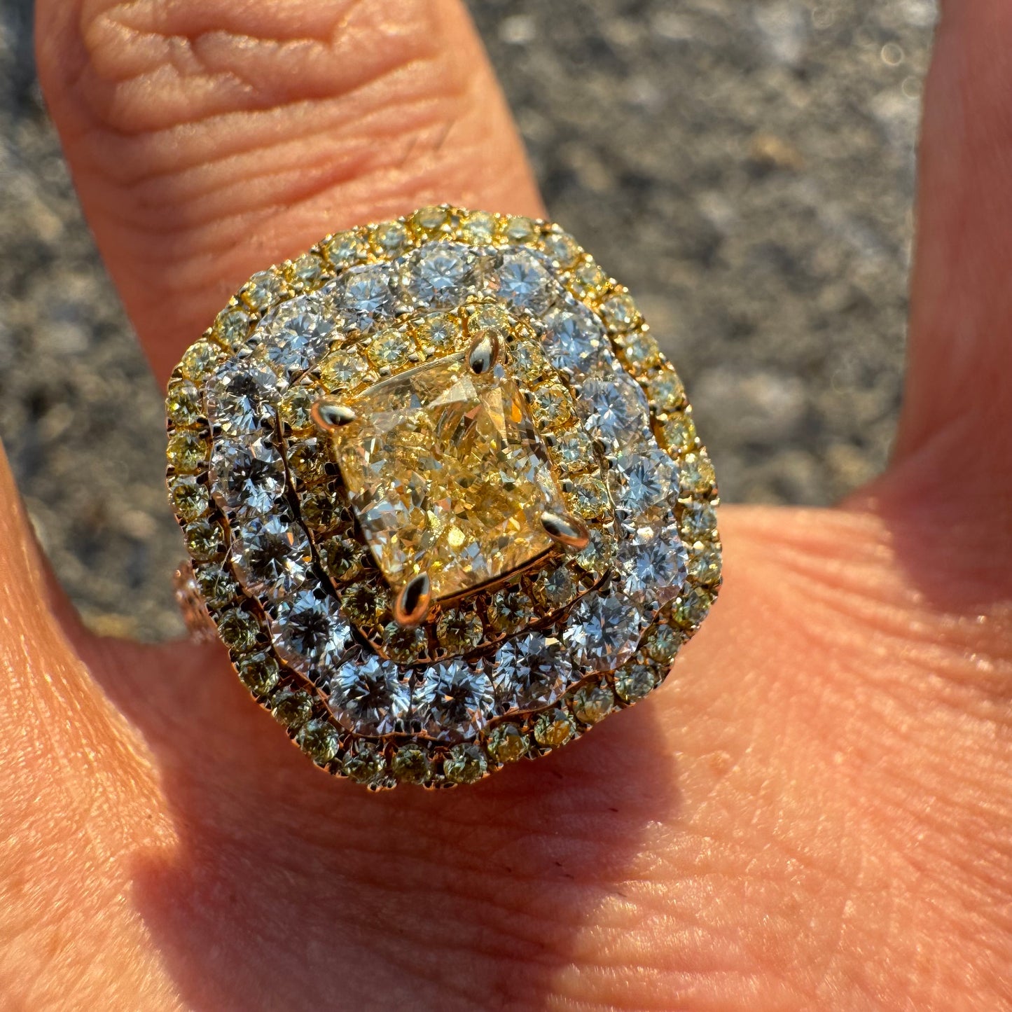 Brand New 14k White Gold 1.15ct Natural VS Cushion Cut Fancy Yellow Diamond 1.59ctw Natural VS Yellow And White Diamond Halo Ring (8)