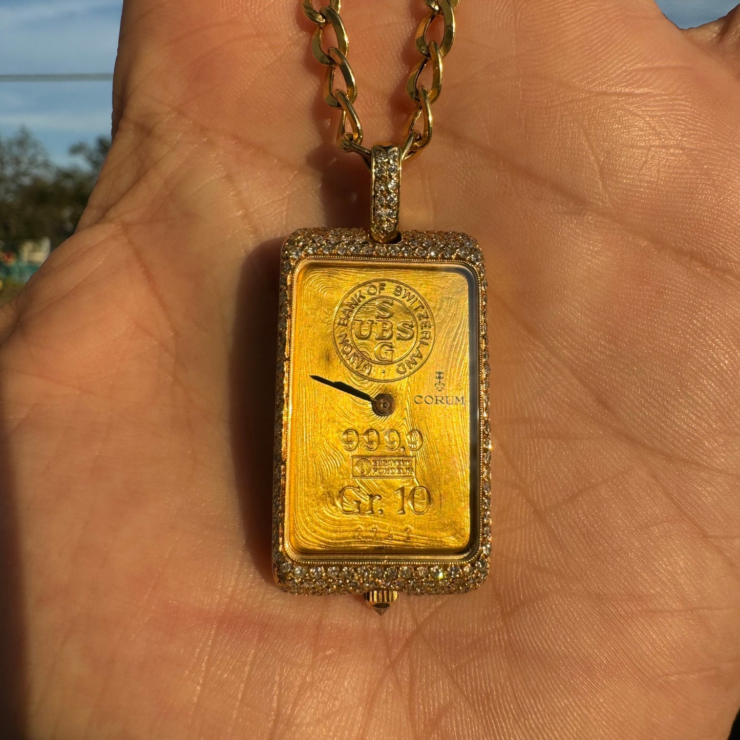 Rare 1980’s Corum UBS 10 Gram Pure 999.9 Gold Ingot Bar Diamond Watch Pendant