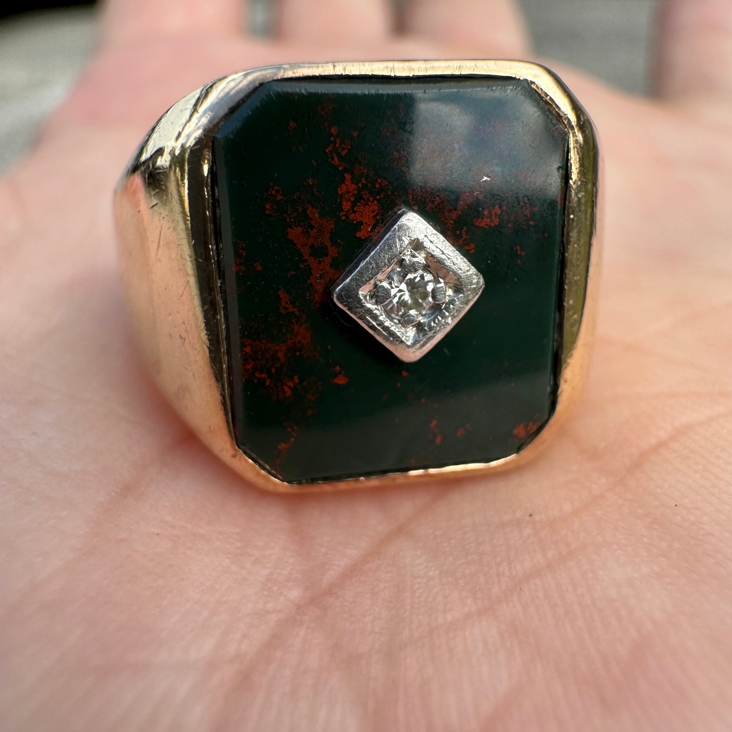 1930’s 10k Yellow Gold Art-Deco Bloodstone Diamond Solitaire Solid Backed Signet Ring (10.5)
