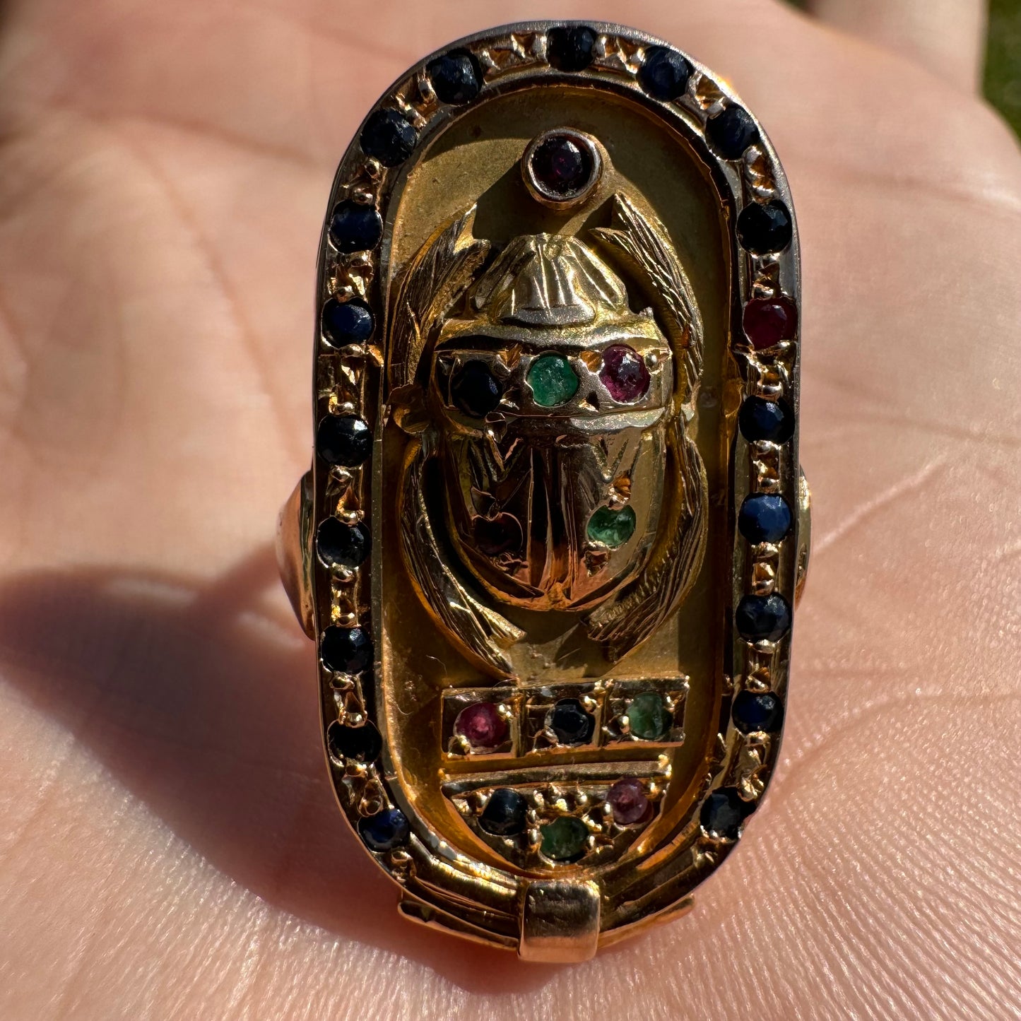 1960’s 18k Yellow Gold Egyptian Hallmarked Gemstone Encrusted Scarab Ring (5.75)