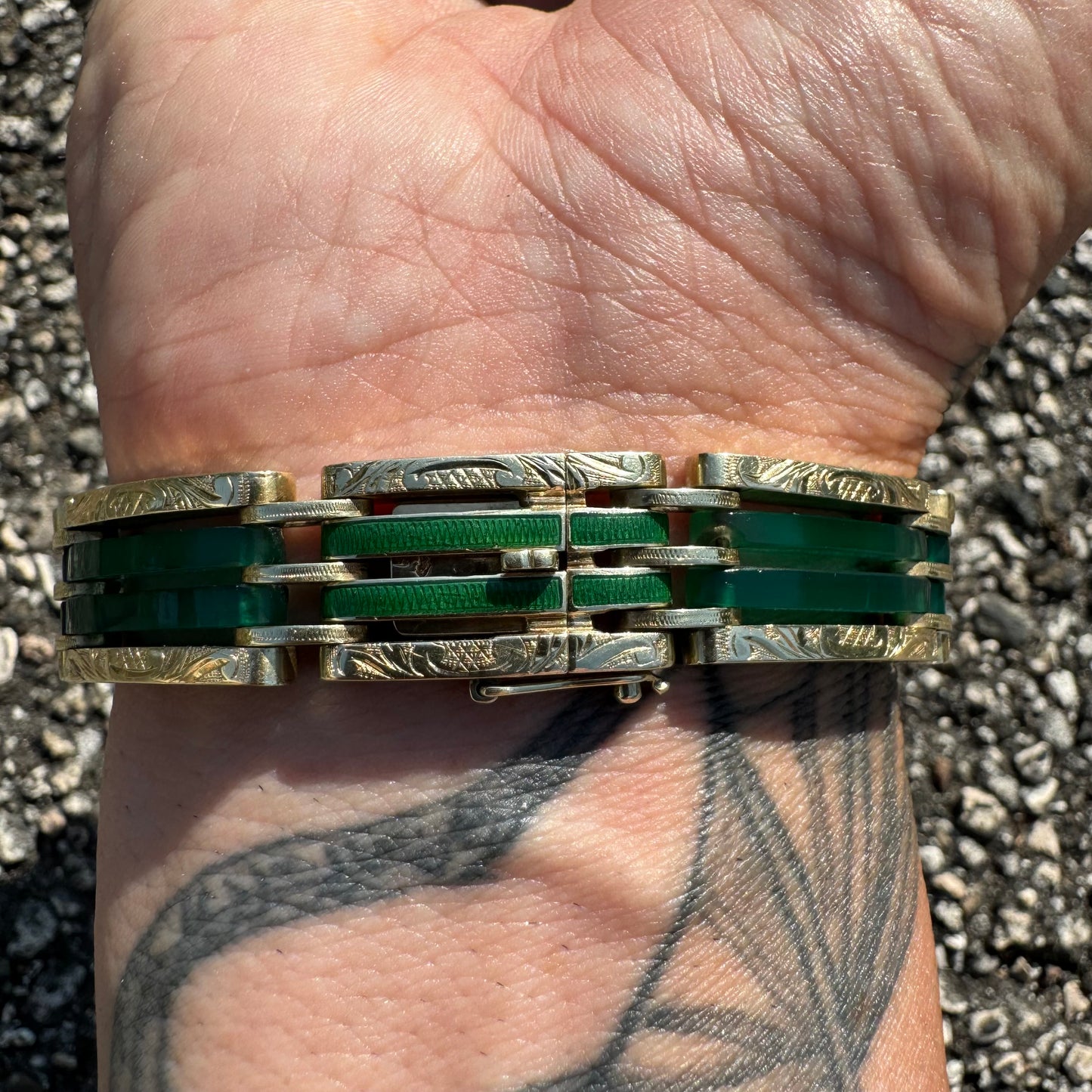 Art Deco Austro-Hungarian 14k Yellow Gold Chrysoprase Glass Enameled Floral Engraved Bracelet (7”)