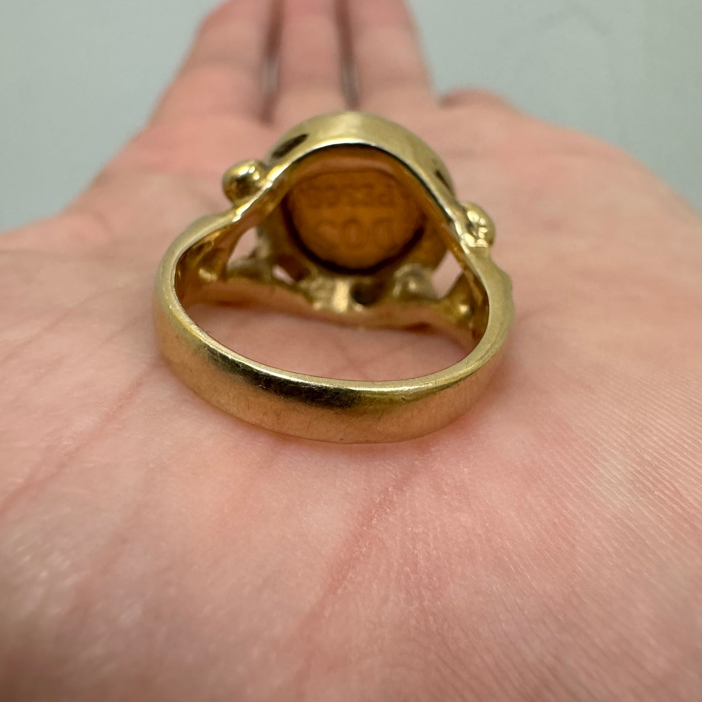1945 22k Gold Mexican Dos Pesos 14k Yellow Gold Brutalist Nugget Coin Ring (6.5)