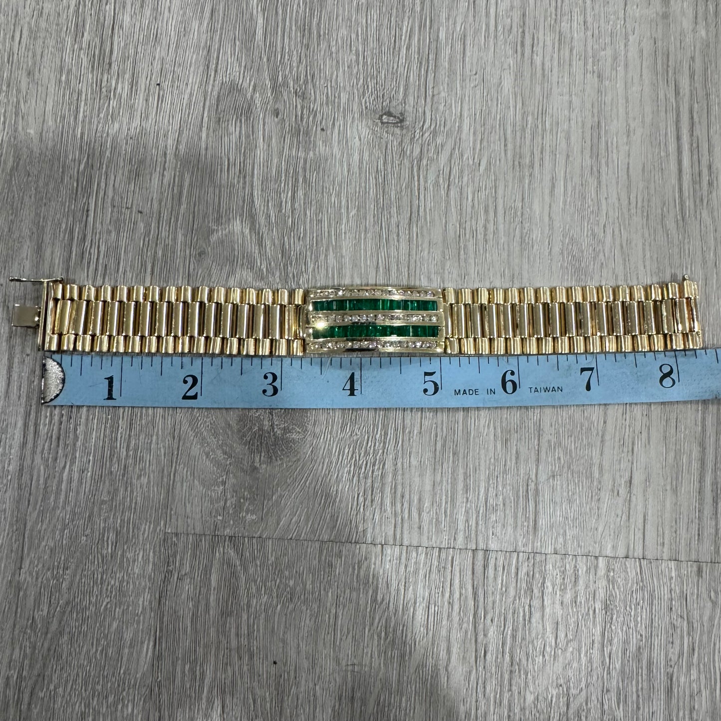 Vintage Solid 14k Yellow Gold 6.0ctw Natural Emerald 2.5ctw Natural Diamond Channel Set Jubilee Bracelet (8.25”)