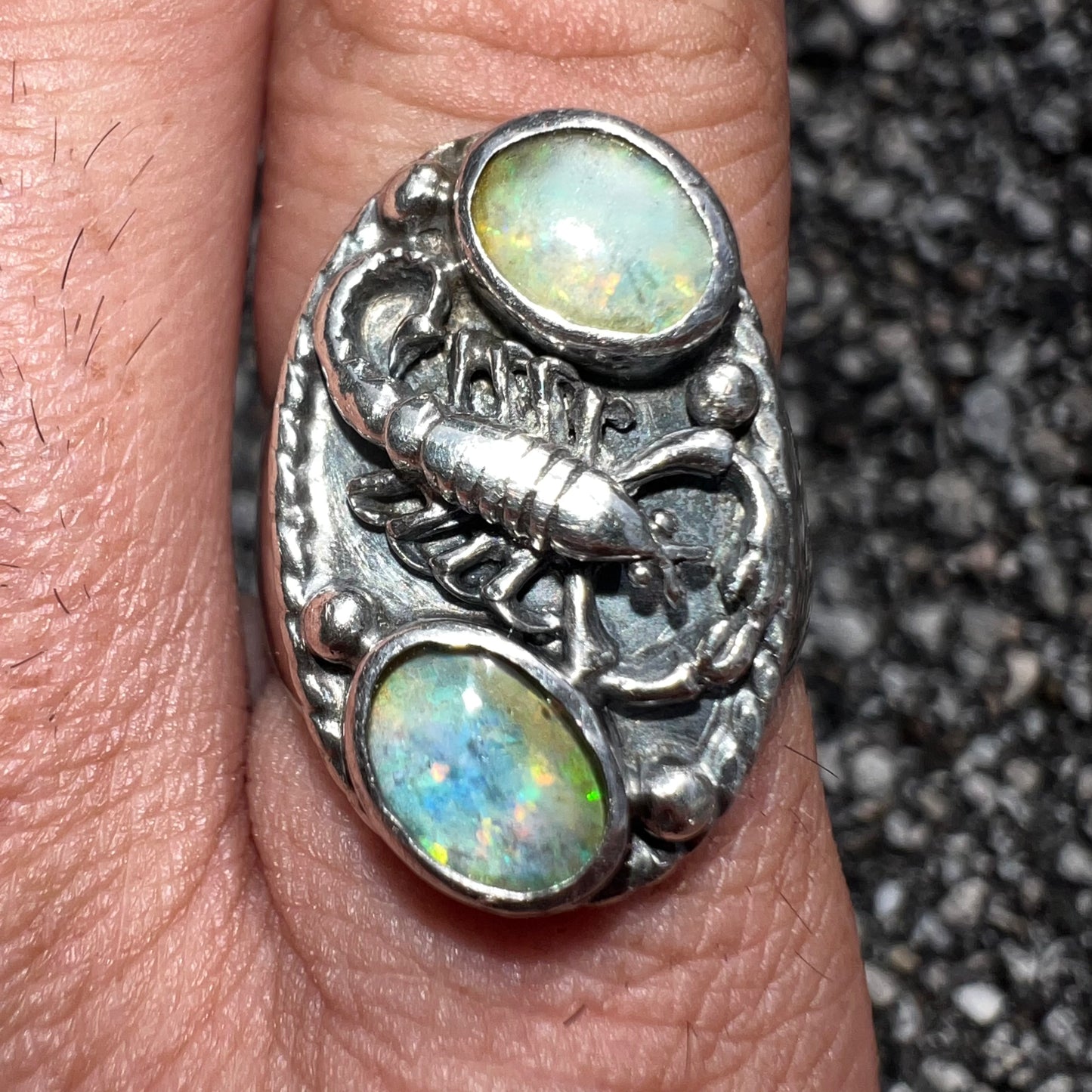 Circa 1960’s Solid Backed Sterling Silver Scorpion And Opal Southwestern Signet Ring (9.5)