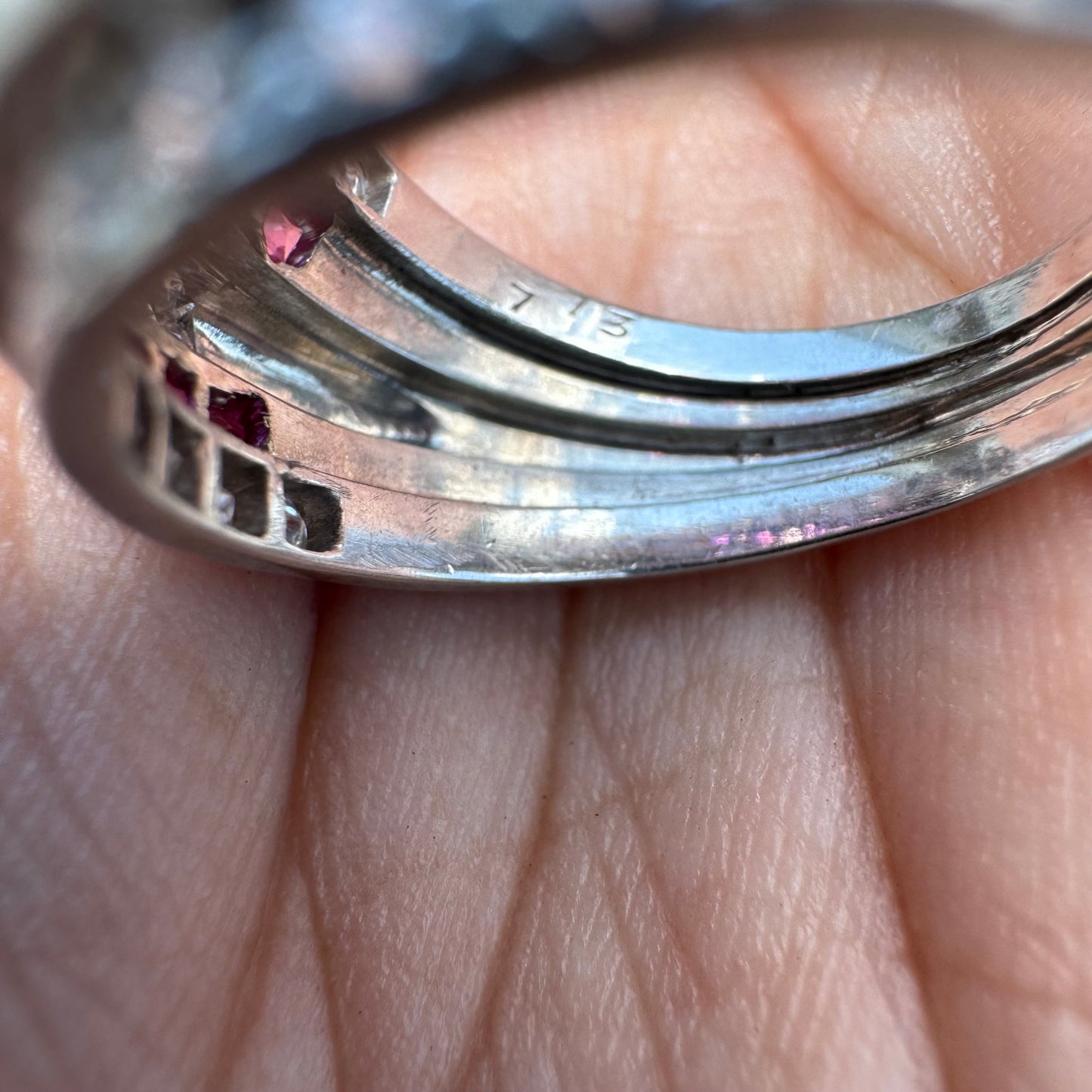 1940’s Retro Era Handcrafted 18k White Gold .73ctw Natural VS Quality Diamond And Princess Cut Ruby Flooded Step Up Ring (5.75)