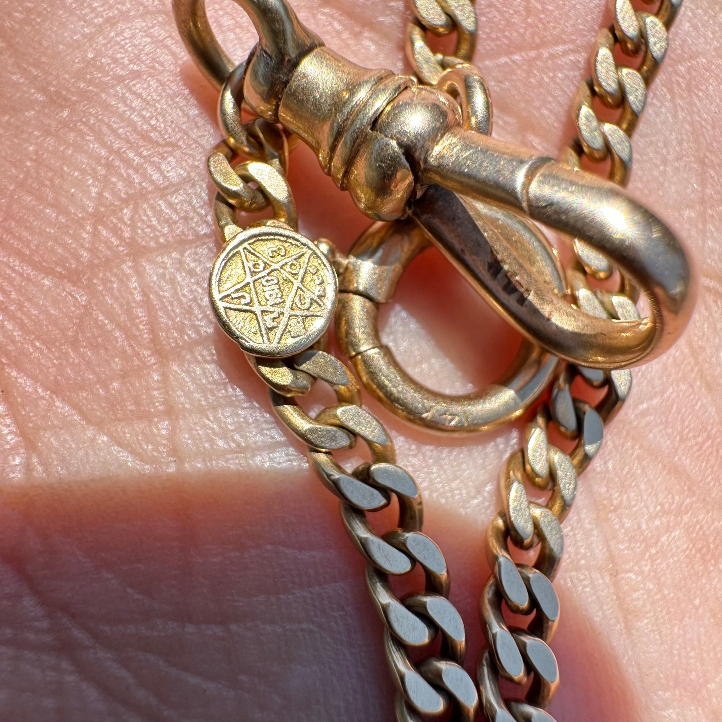 1915 Solid 14k Yellow Gold Double Albert Curb Link Watch Chain Necklace (18.5”)