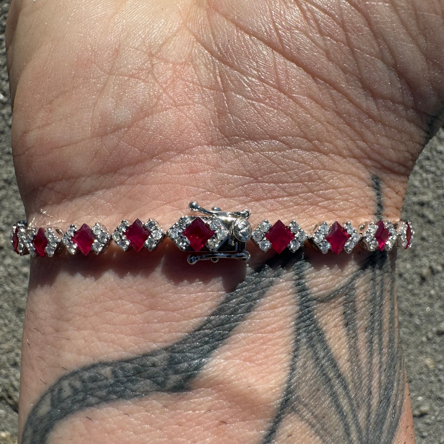 Brand New 14k White Gold 4.8ctw Natural Pigeon Blood Burmese Ruby And 1.5ctw Natural VS Diamond Bracelet (7.25”)