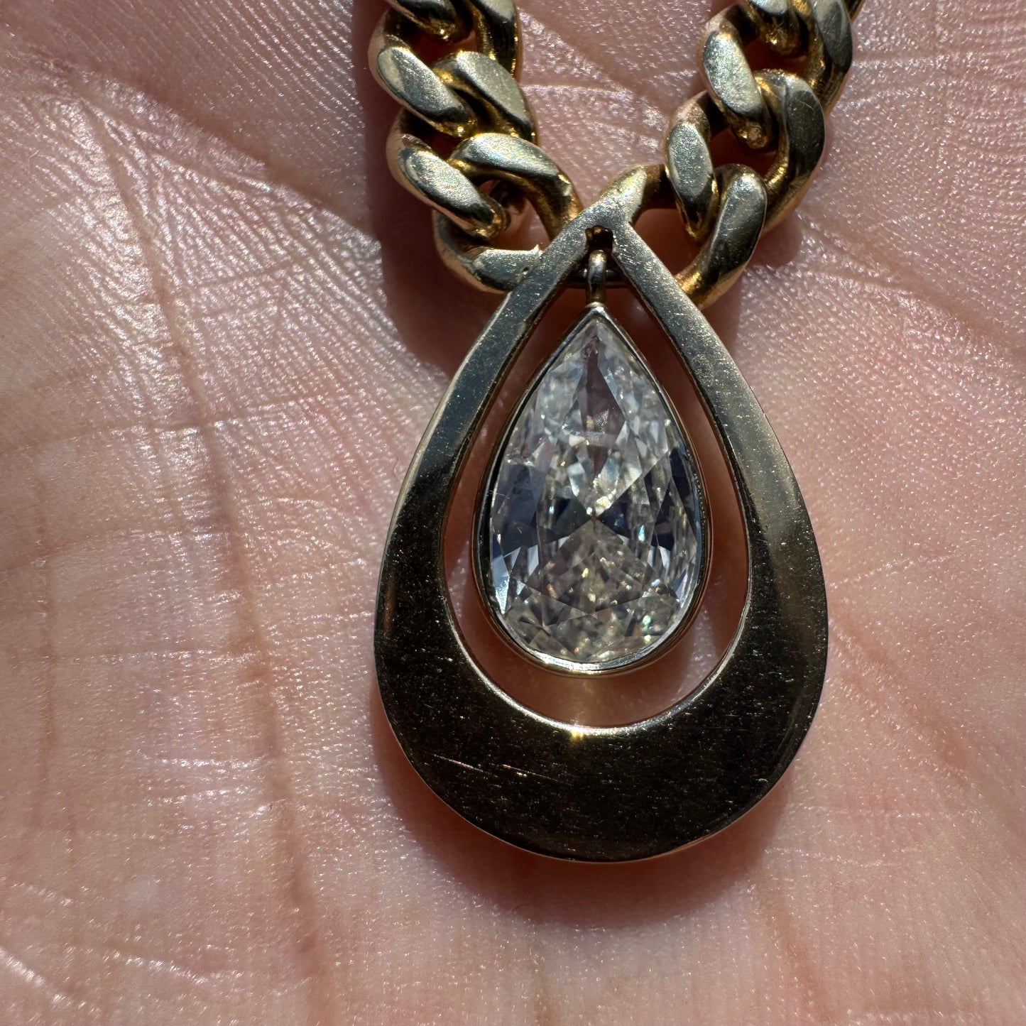 Vintage 1.78ct Natural Pear Cut Diamond Solitaire Solid 14k Yellow Gold Heavyweight Cuban Link Necklace (16”)