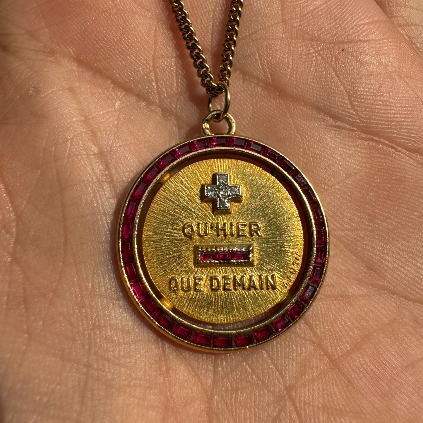 Mid-Century French 18k Yellow Gold Natural Diamond And Ruby A.Augis Love Poem Medallion (27MM)