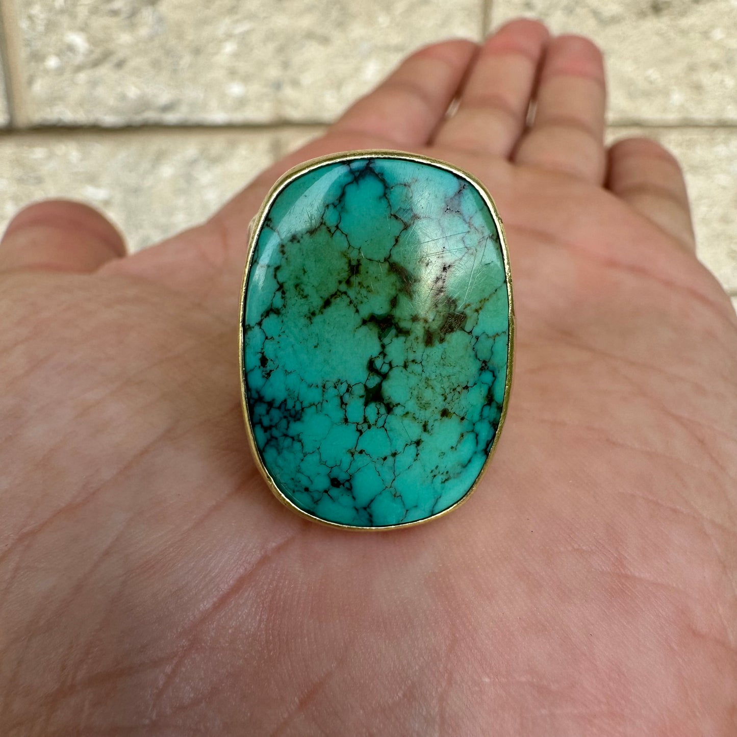 Vintage Hand Wrought Artist Signed 18k Yellow Gold Sterling Silver Large Spider Web Turquoise Ring (11)